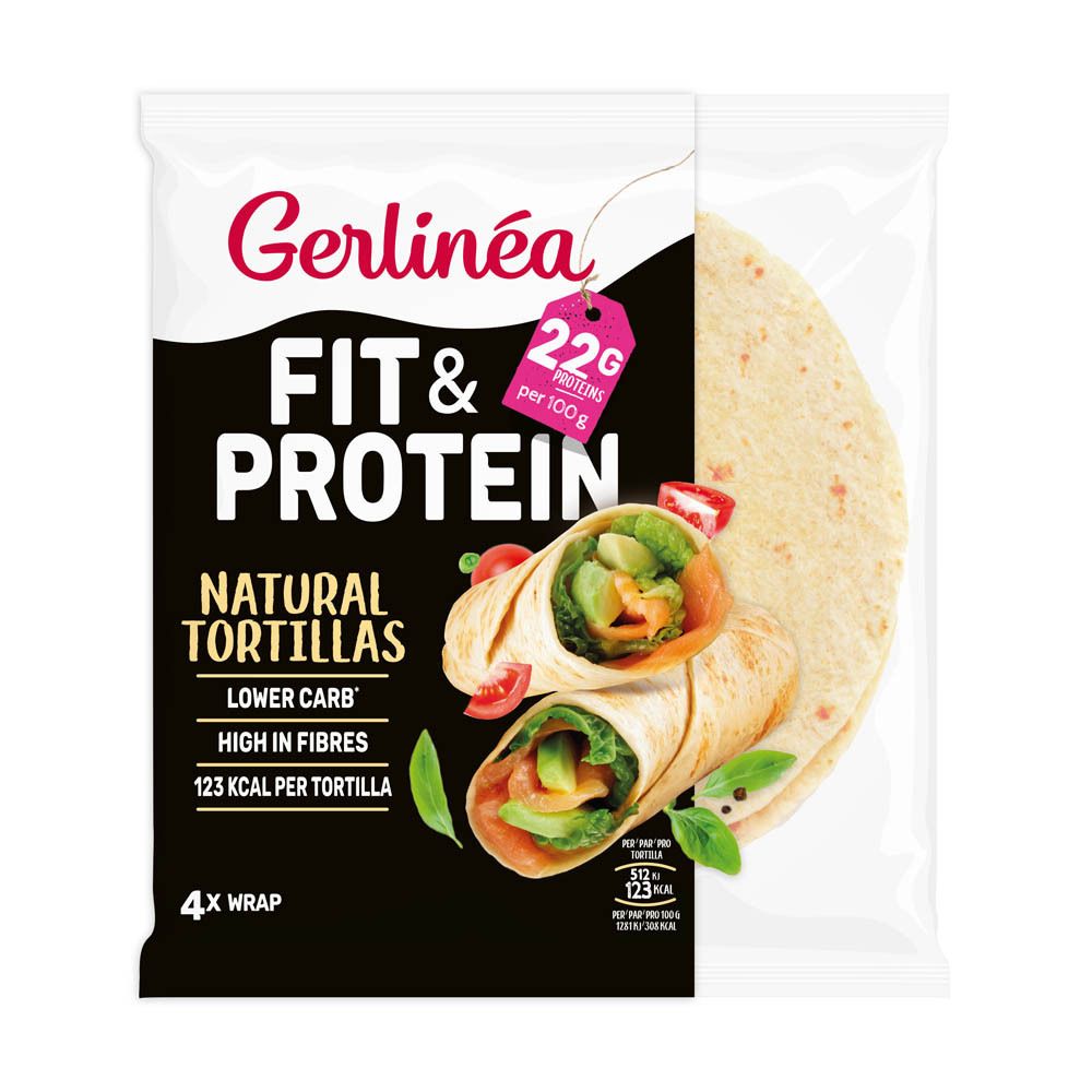 Emballage de tortillas Gerlinéa Fit & Protein Natural. Tortillas garnies visibles. Texte: 22g protéines, 4 wraps, Lower Carb, High in Fibres, 123 kcal.