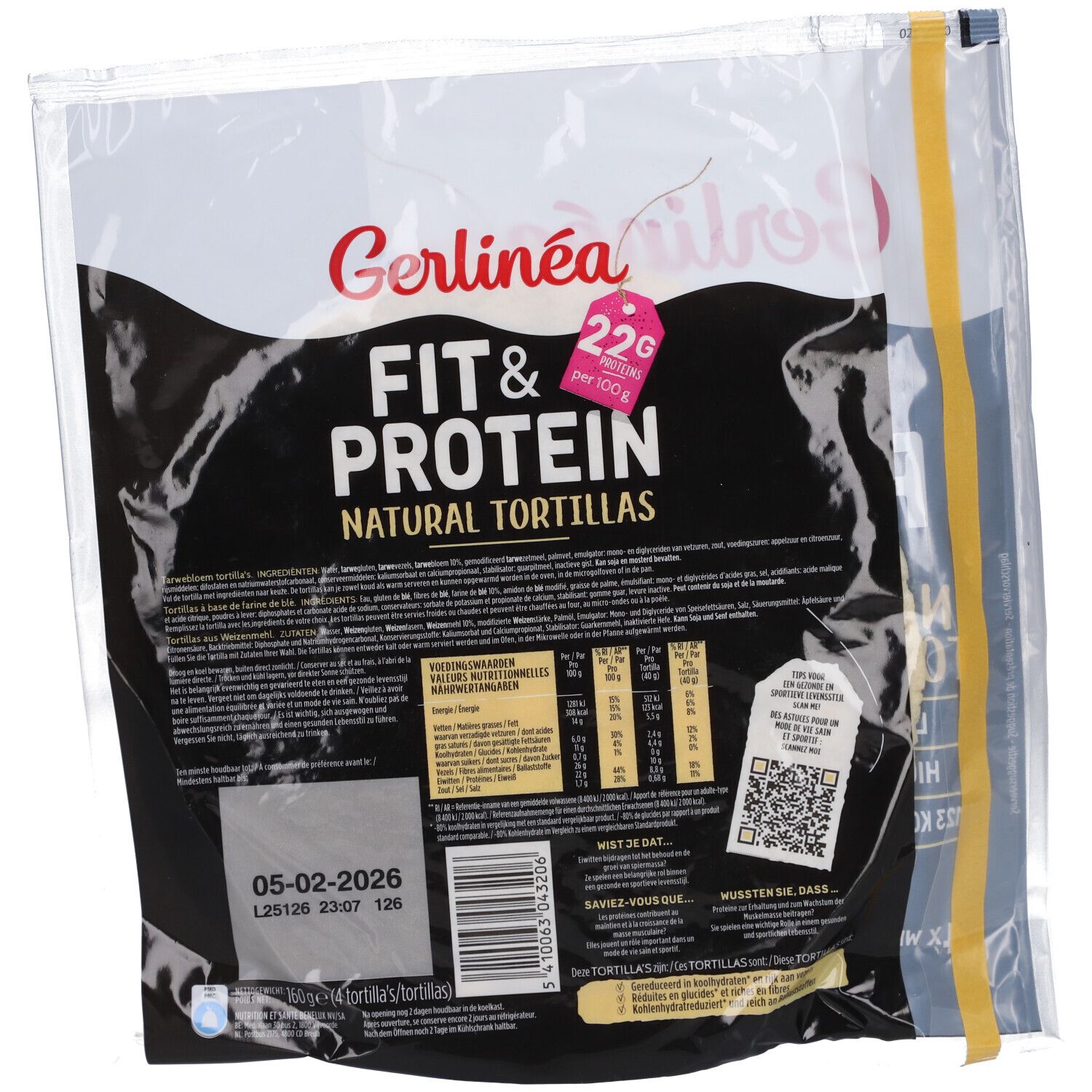 Rückseite der Gerlinéa Fit & Protein Natural Tortillas Verpackung. Text: Nährwertangaben, Mindesthaltbarkeitsdatum, QR-Code. Marke Gerlinéa.