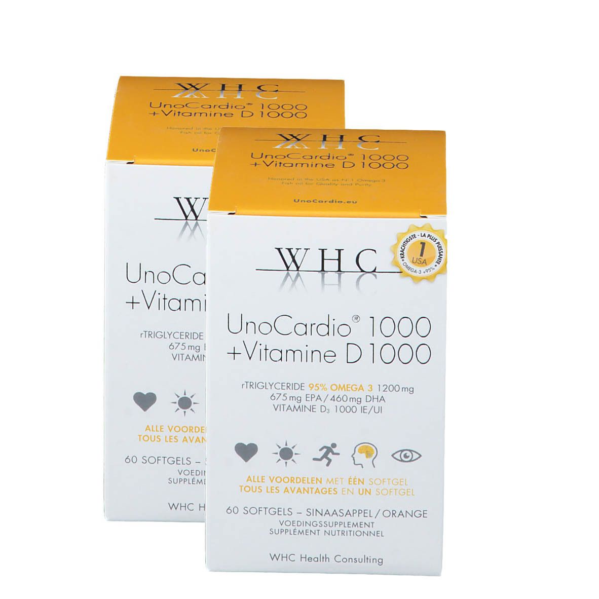 Zwei Packungen WHC UnoCardio 1000 + Vitamin D 1000. Weiße Schachteln mit gelben Deckeln. Aufdrucke: Omega 3, Vitamin D, 60 Softgels.
