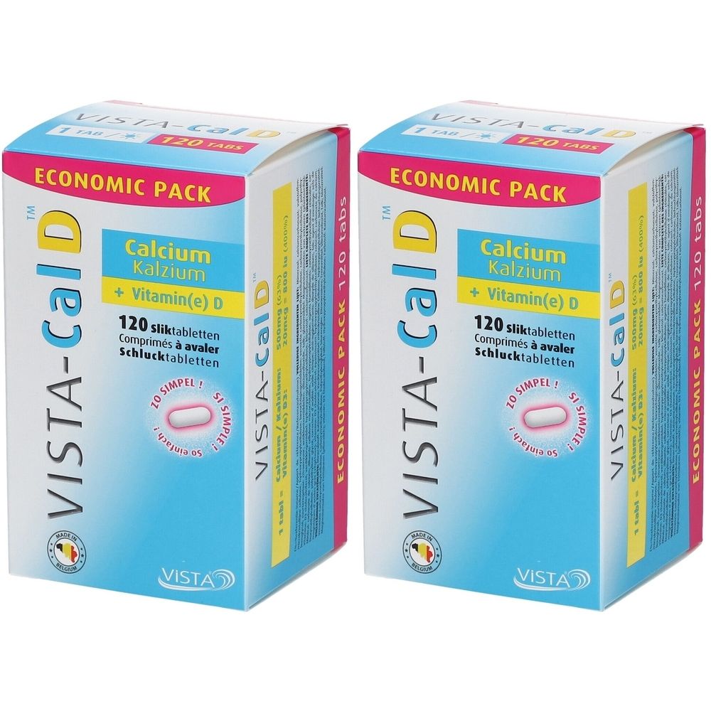 Zwei Packungen VISTA-Cal D Calcium + Vitamin D, je 120 Schmelztabletten.