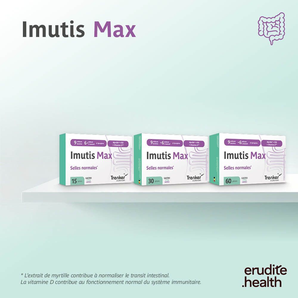 Imutis Max Verpackung mit 15, 30 und 60 Kapseln für normale Stuhlgänge.