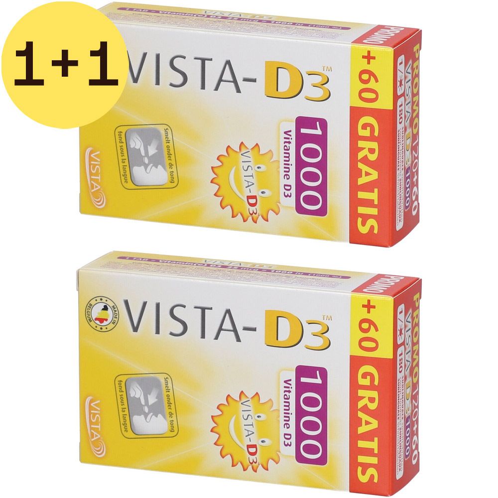 Deux boîtes de VISTA-D3™ 1000 + 60 comprimés à fondre. Inscription : +60 GRATUIT. Design jaune et blanc avec logo et texte.
