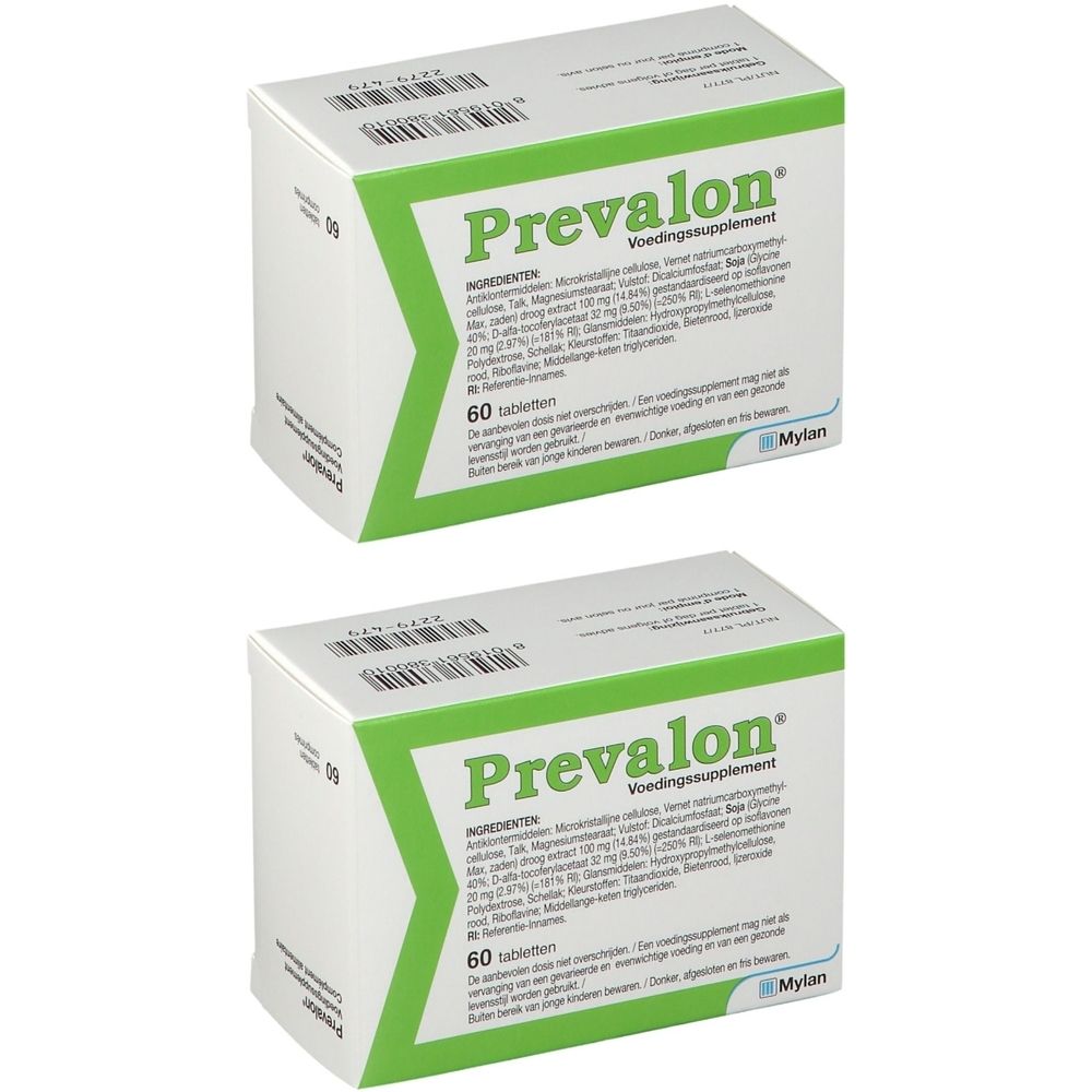 Zwei Schachteln Prevalon, weiß mit grünen Akzenten. Aufschrift Prevalon und Inhaltsangaben. 60 Tabletten pro Schachtel.