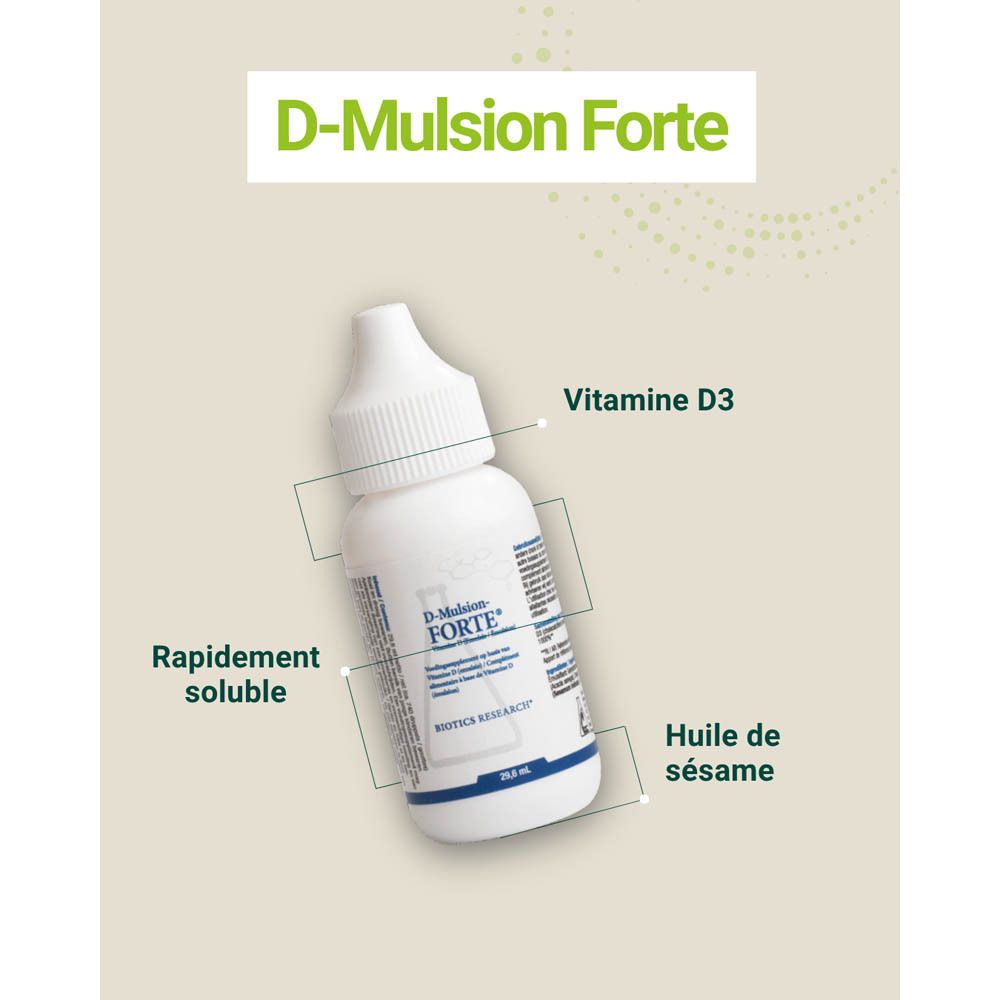 Flacon blanc D-Mulsion Forte®. Étiquettes: Vitamine D3, rapidement soluble, huile de sésame. BIOTICS RESEARCH.