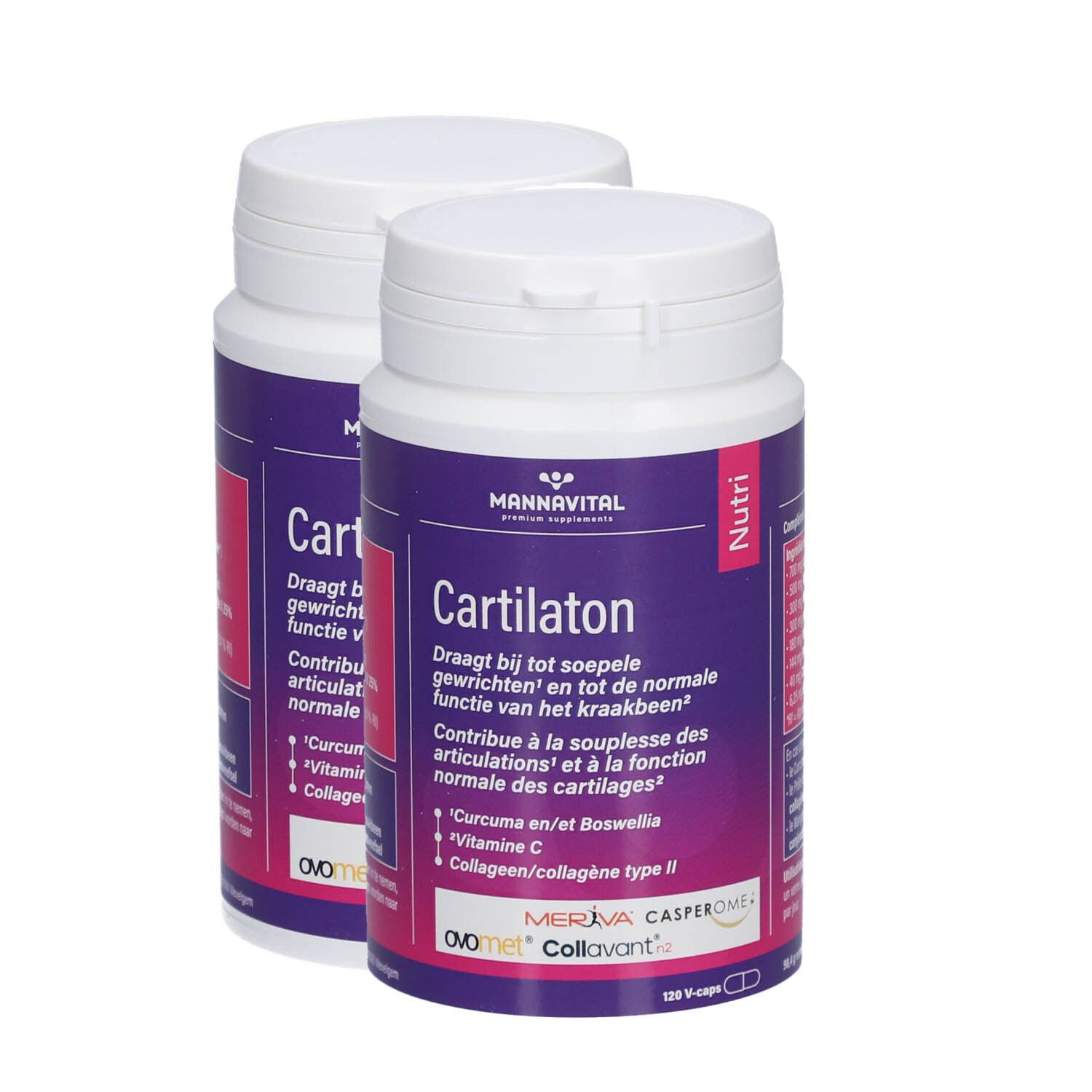 Deux flacons de Mannavital Cartilaton. Flacons blancs avec étiquettes violettes. Texte: Cartilaton, Meriva, Casperome, Collavant.