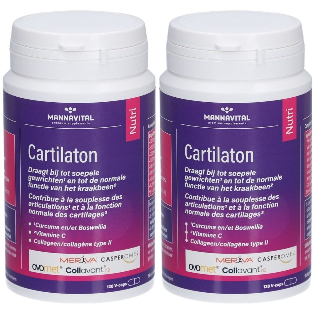 Zwei Flaschen Mannavital Cartilaton. Weiße Flaschen mit lila Etiketten. Text: Cartilaton, Meriva, Casperome, Collavant.