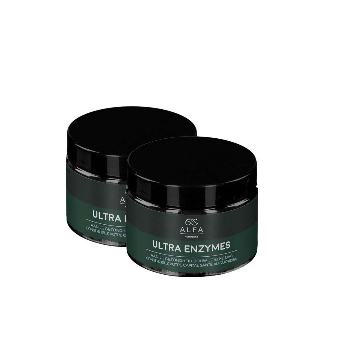 Deux pots verts avec couvercles noirs. Inscription: ALFA ULTRA ENZYMES. Texte en néerlandais et français.