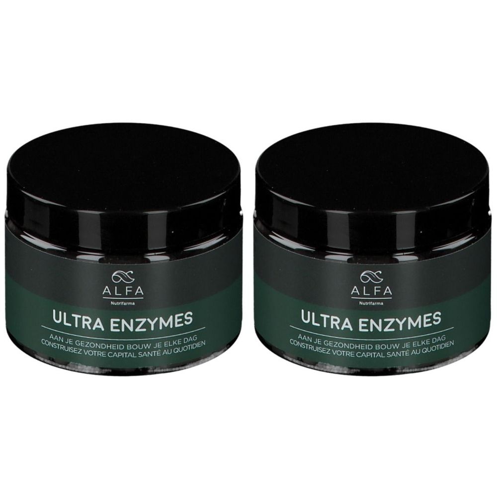 Zwei grüne Gläser mit schwarzem Deckel. Aufschrift: ALFA ULTRA ENZYMES. Text in Niederländisch und Französisch.