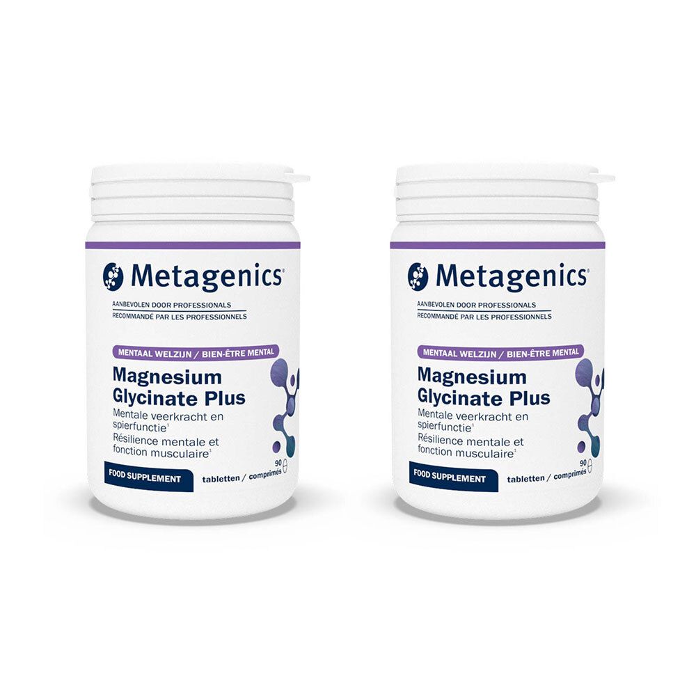 Zwei weiße Flaschen mit lila Etiketten. Aufschrift: Metagenics Magnesium Glycinate Plus. Nahrungsergänzungsmittel.