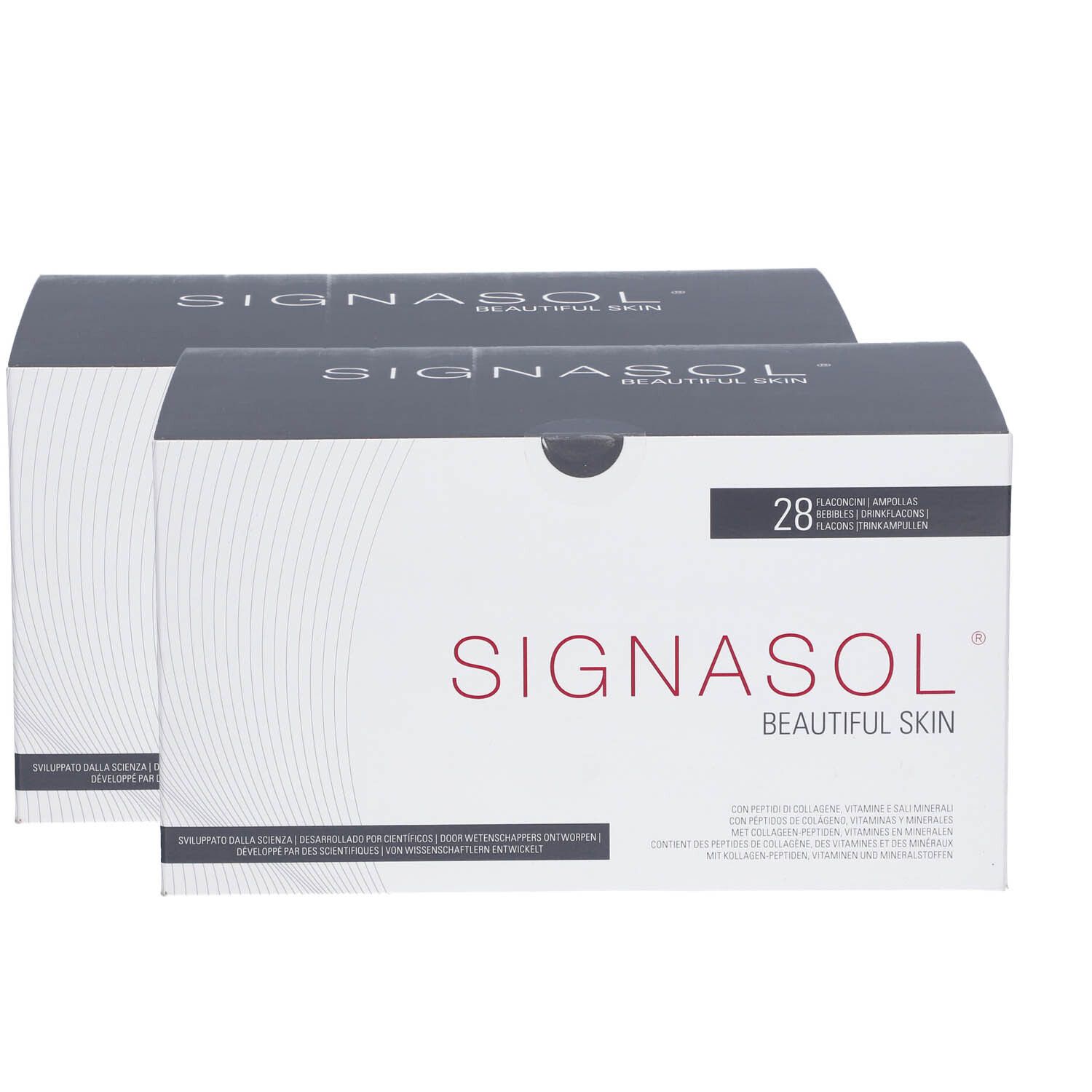 Deux boîtes blanches avec l'inscription Signasol Beautiful Skin. Inscription : 28 ampoules buvables.