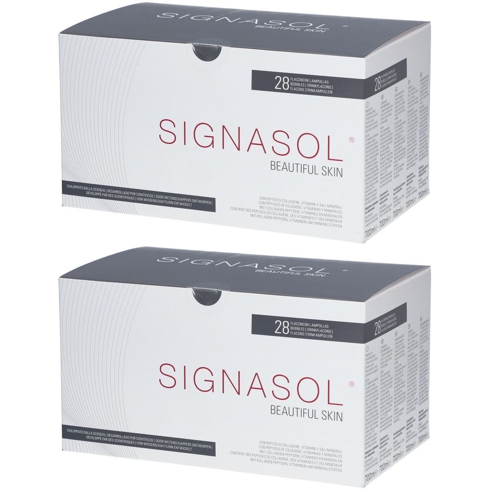 Zwei weiße Kartons mit der Aufschrift Signasol Beautiful Skin. Aufschrift: 28 Trinkampullen.