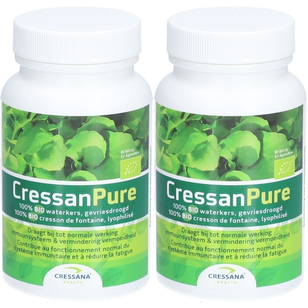Deux flacons blancs avec des gélules. Inscription : CressanPure, 100% cresson de fontaine bio. Avec label bio UE. Texte en allemand, français et néerlandais.