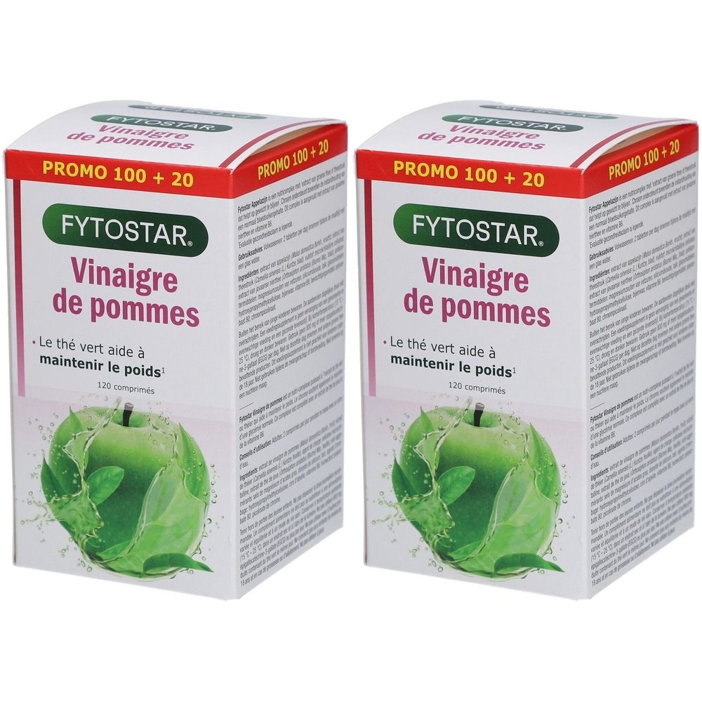 Deux boîtes de produit. Inscription : FYTOSTAR, Vinaigre de pommes, Promo 100 + 20. Image d'une pomme verte.