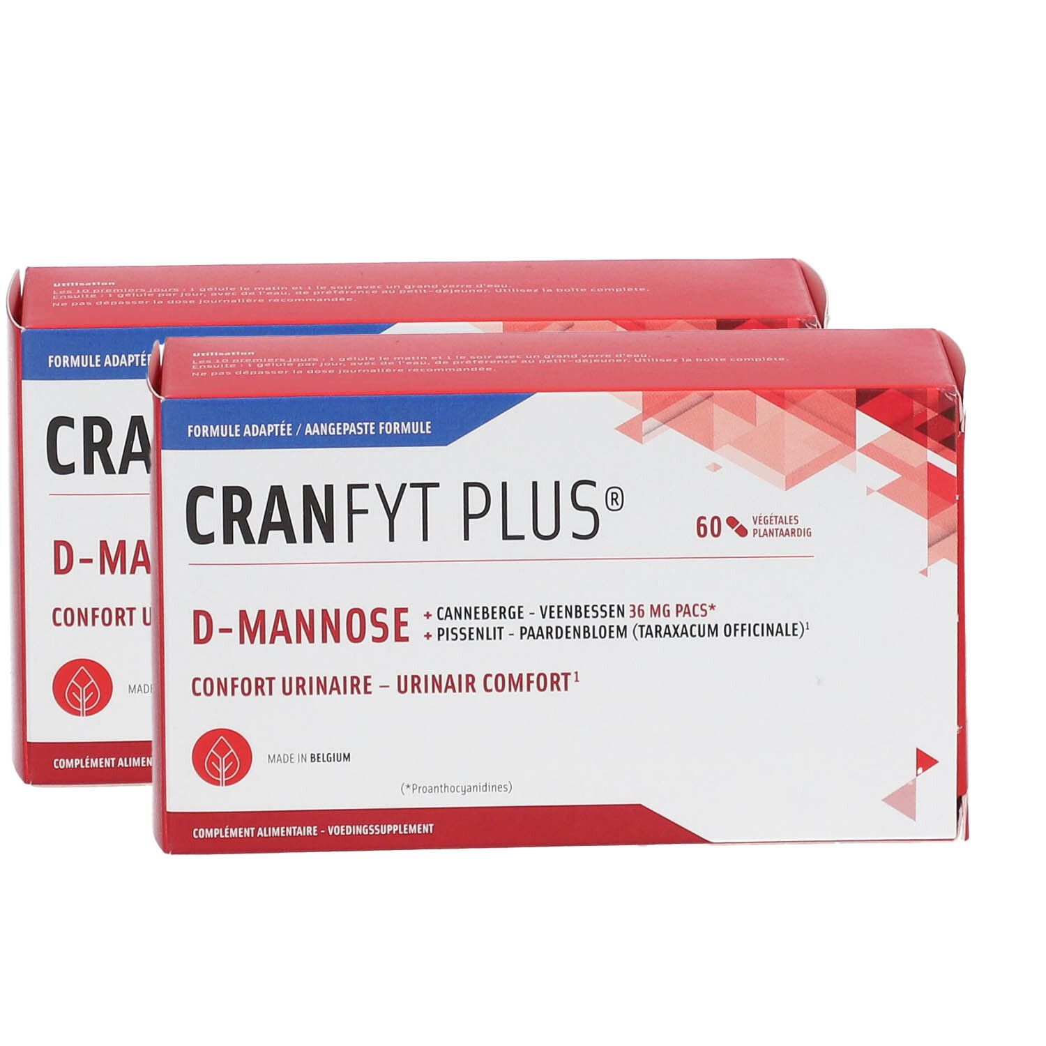 Deux boîtes rouges avec "CRANFYT PLUS" et "D-MANNOSE". Texte multilingue. 60 gélules.