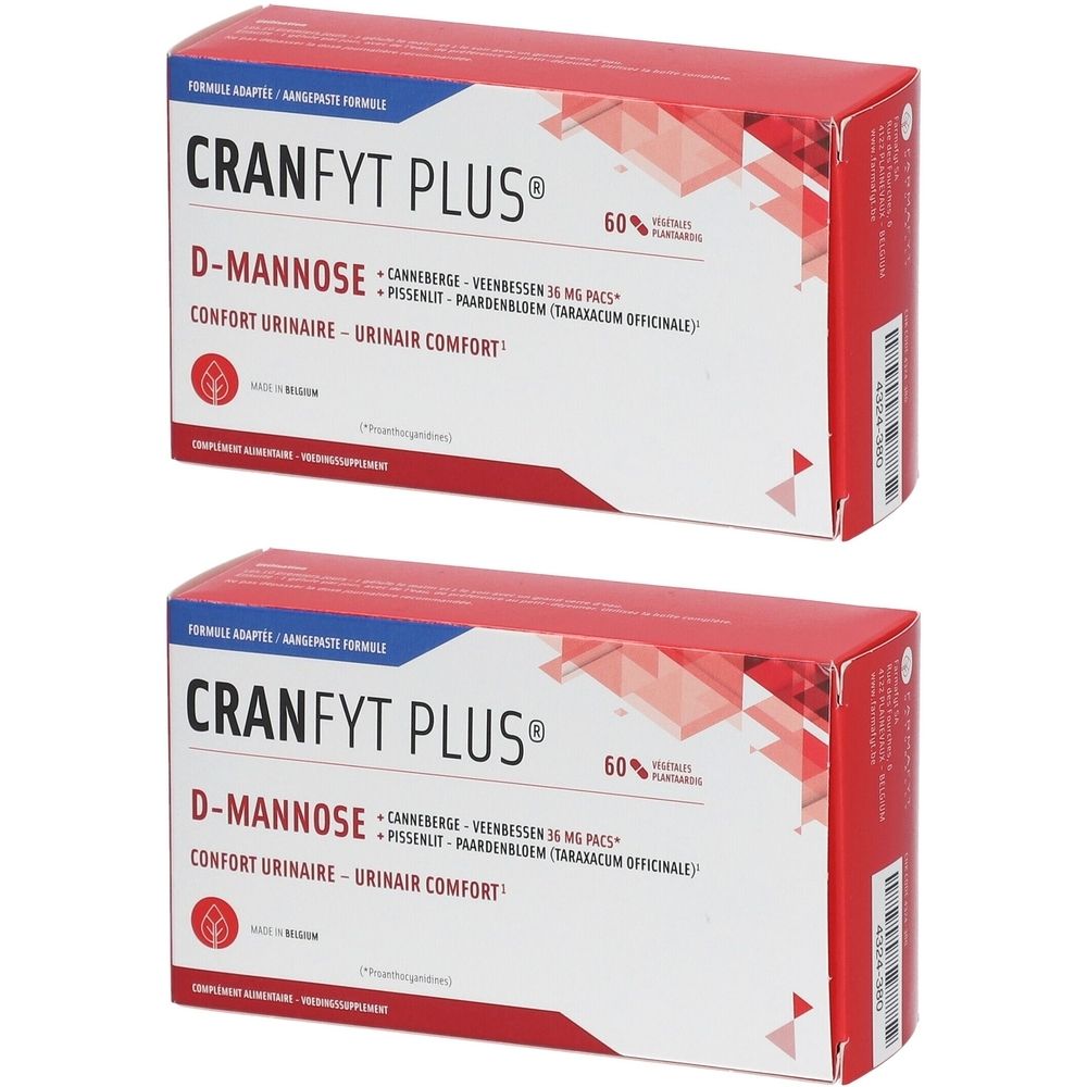 Deux boîtes rouges avec "CRANFYT PLUS" et "D-MANNOSE". Texte multilingue. Contient 60 gélules.