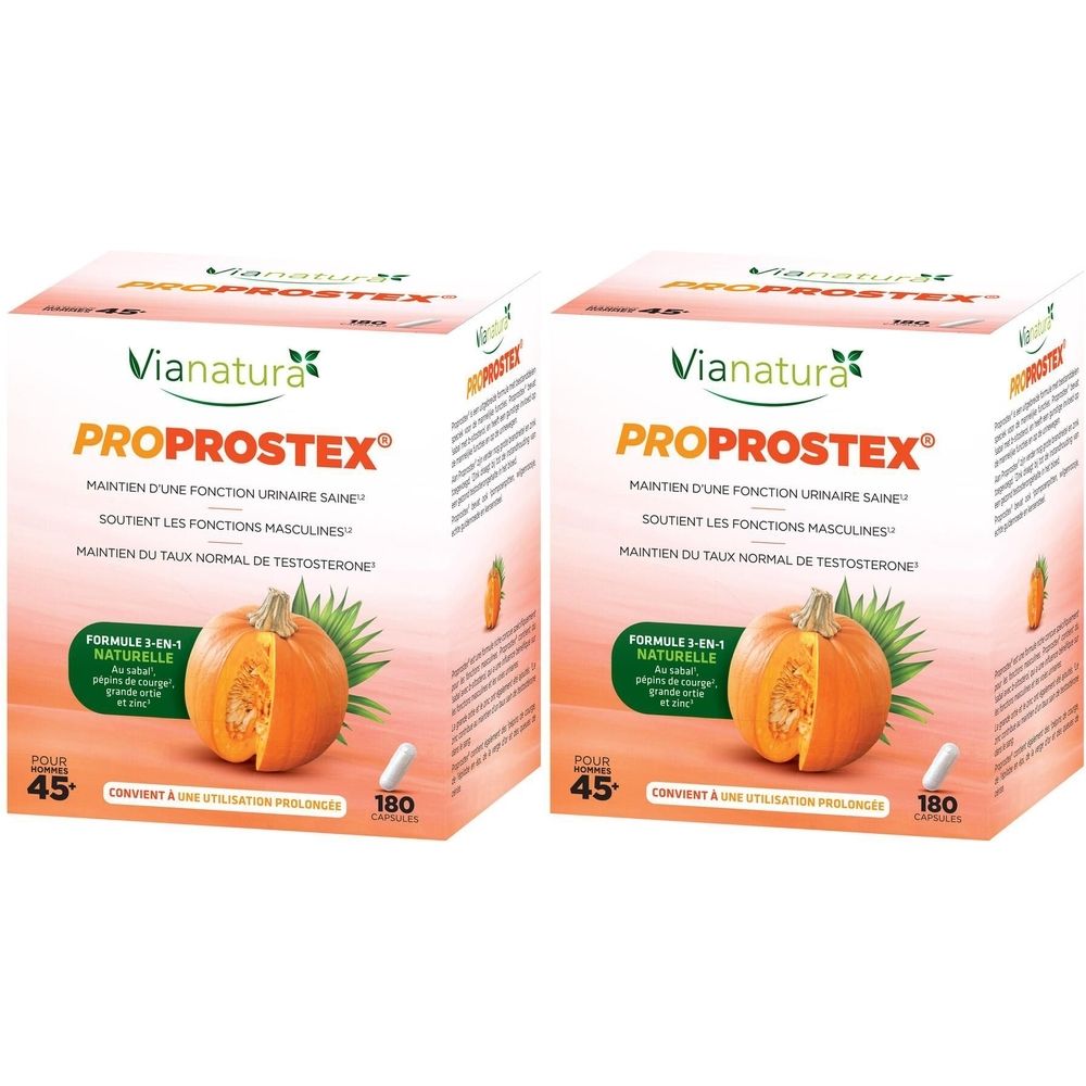 Deux boîtes de VIANATURA Proprostex®. Image: citrouille, nom du produit, texte. 45 gélules, 180 gélules.