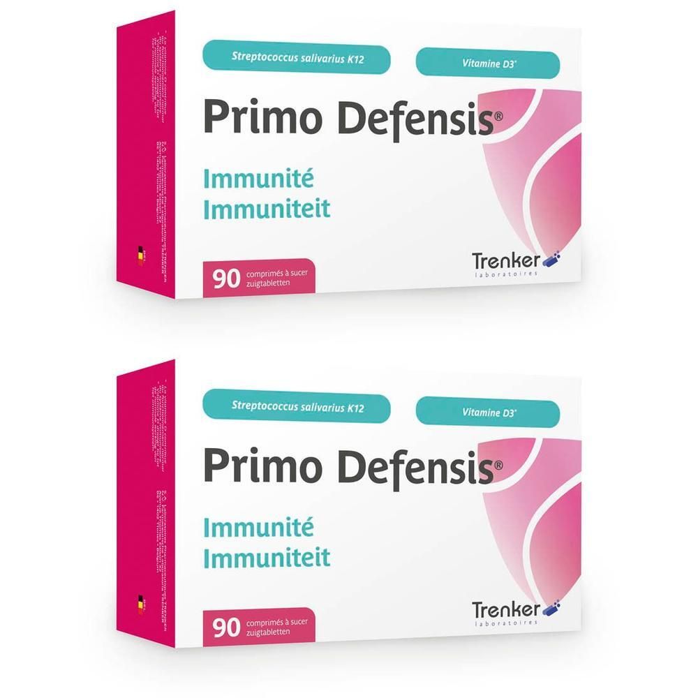 Deux boîtes Primo Defensis. Emballage blanc avec accents roses. Inscription: Immunité, Immuniteit, 90 comprimés. Cercle jaune: 1+1.