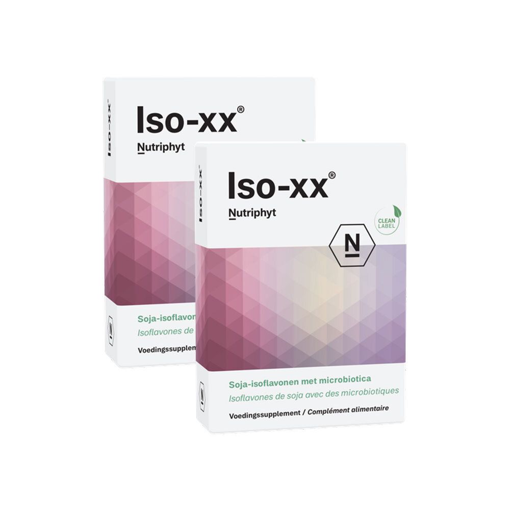 Deux boîtes Iso-xx® Nutriphyt. Emballage blanc avec motif rose-violet. Texte: Isoflavones de soja avec microbiotiques.