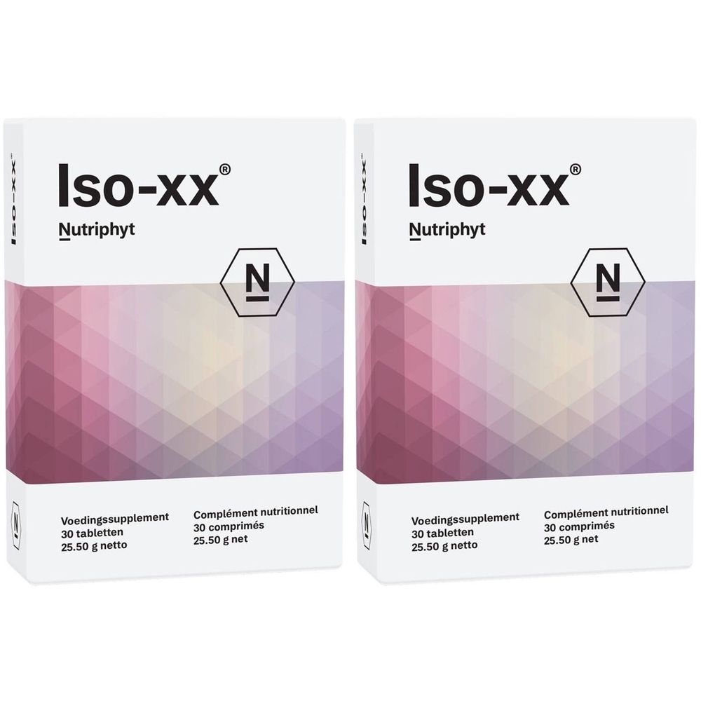 Deux boîtes Iso-xx® Nutriphyt. Emballage blanc avec motif rose-violet. Texte: 30 comprimés, 25,50 g net.