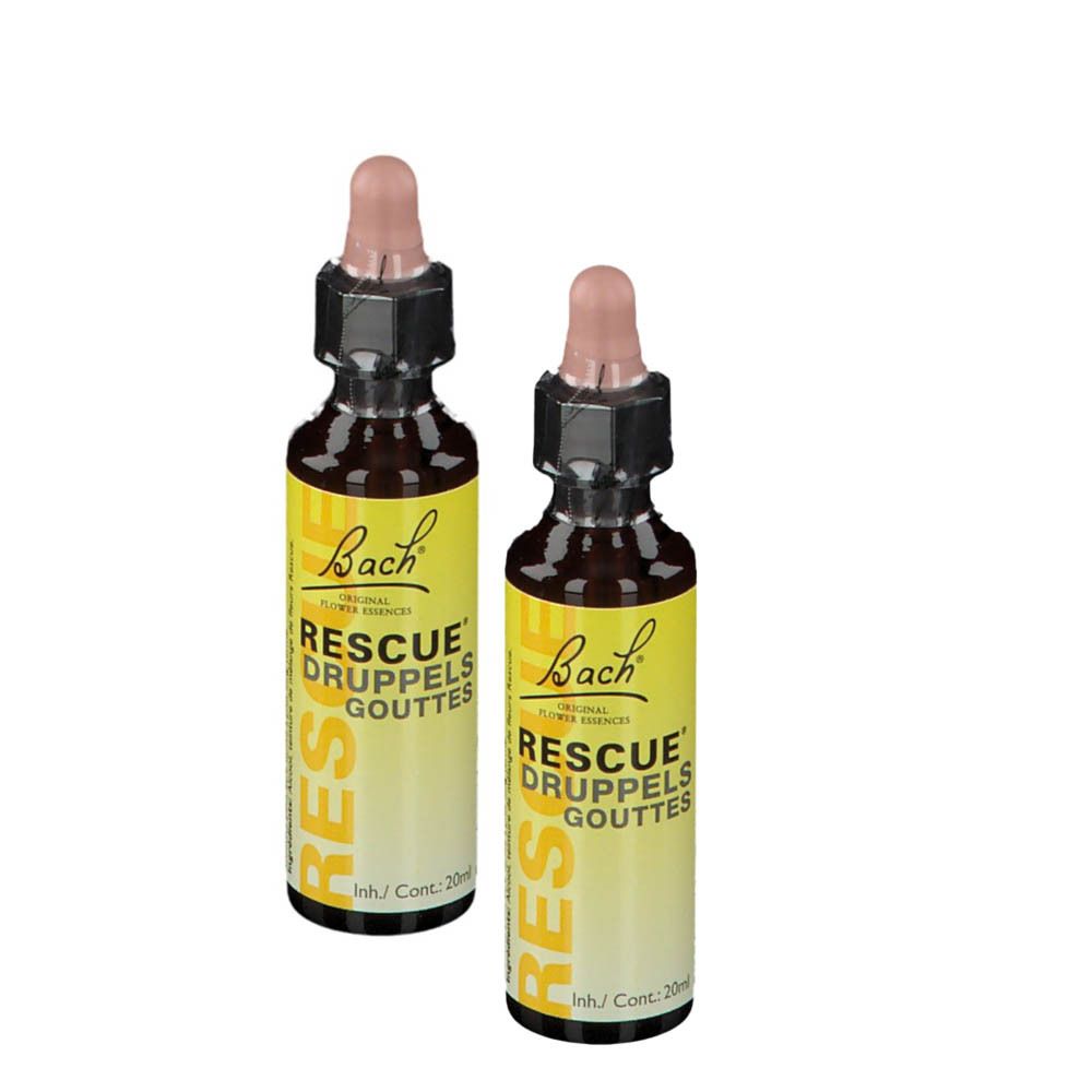 Deux flacons de Bach® Rescue® Gouttes avec compte-gouttes. Étiquette jaune. Liquide brun visible.