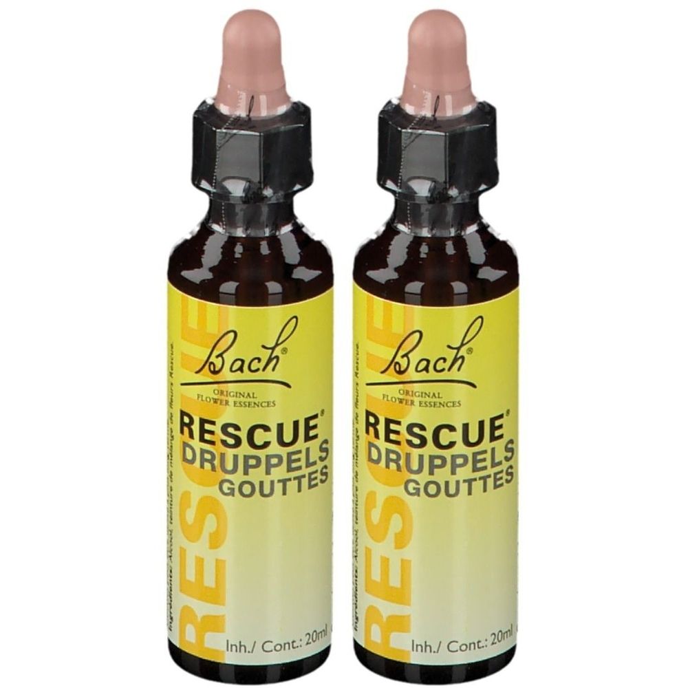 Zwei Flaschen Bach® Rescue® Gouttes mit Tropfer. Gelbes Etikett mit Text. Braune Flüssigkeit sichtbar.