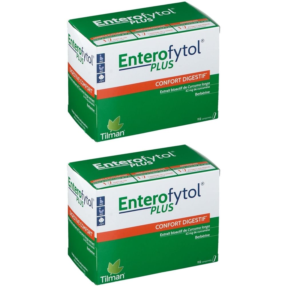 Zwei grüne Schachteln mit weißer Schrift: Enterofytol PLUS, Confort Digestif. Tilman-Logo unten.