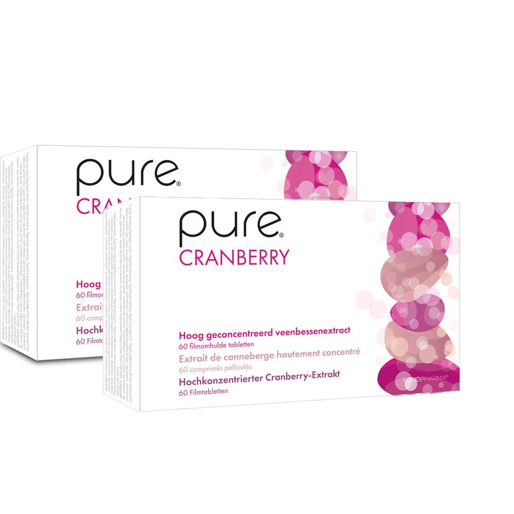 Deux boîtes "pure. CRANBERRY". Texte en néerlandais, français et allemand. 60 comprimés pelliculés.