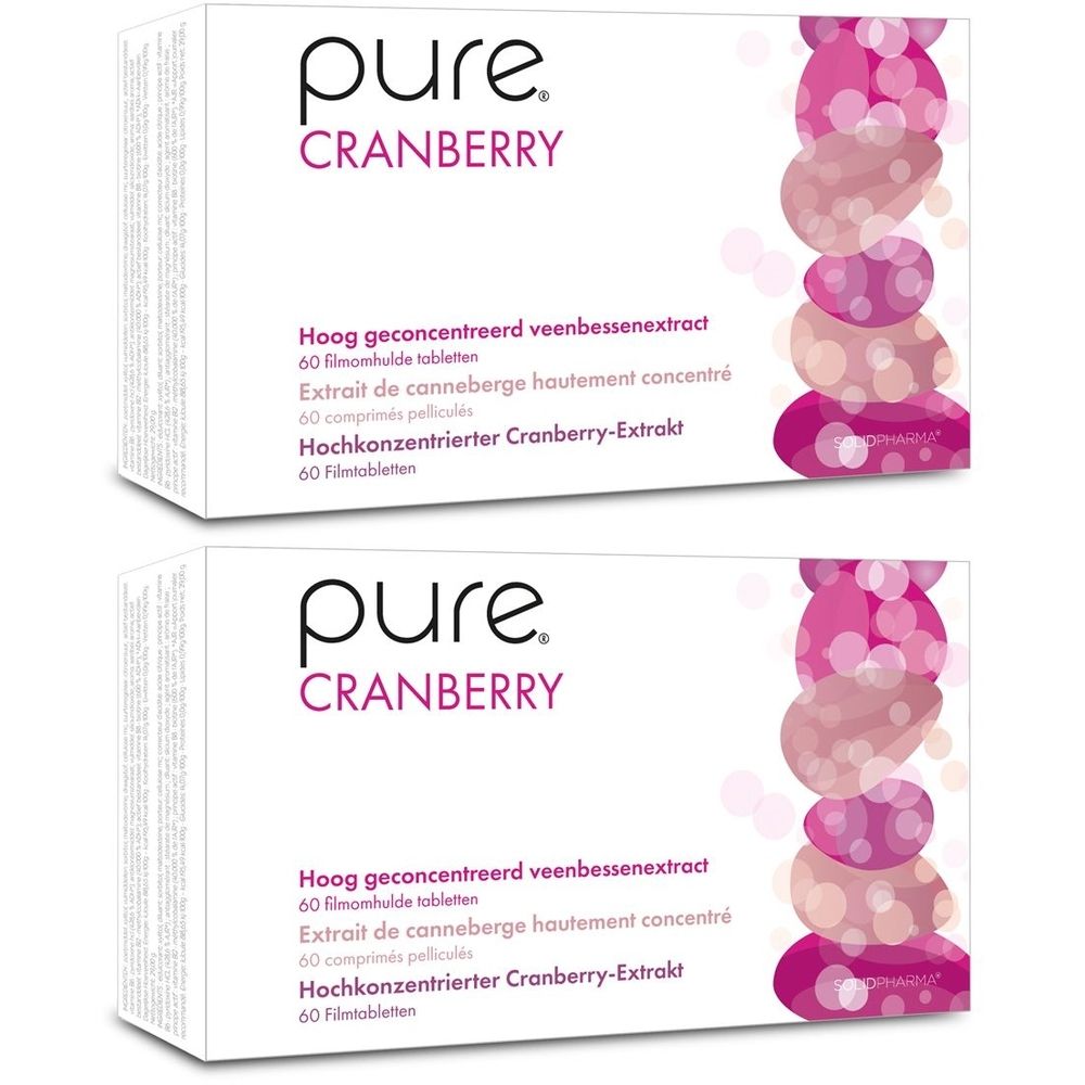 Zwei Schachteln mit der Aufschrift "pure. CRANBERRY". Text in Niederländisch, Französisch und Deutsch. 60 Filmtabletten.