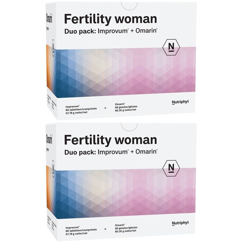 Zwei Packungen "Fertility woman" Duo-Pack. Weiße Kartons mit Produktnamen und Logo. Enthält Improvum® und Omarin®.