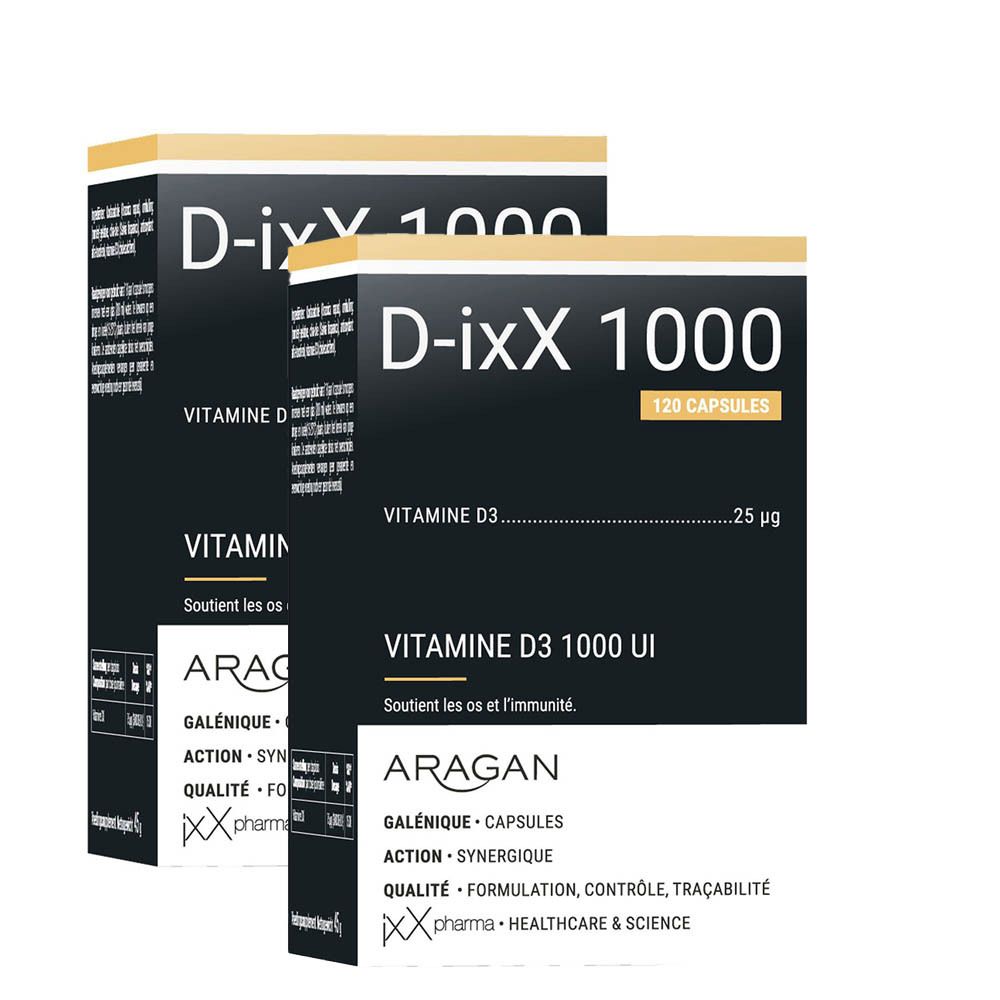 Deux boîtes D-ixX 1000. Inscription: D-ixX 1000, Vitamine D3 1000 UI, ARAGAN, 120 capsules.