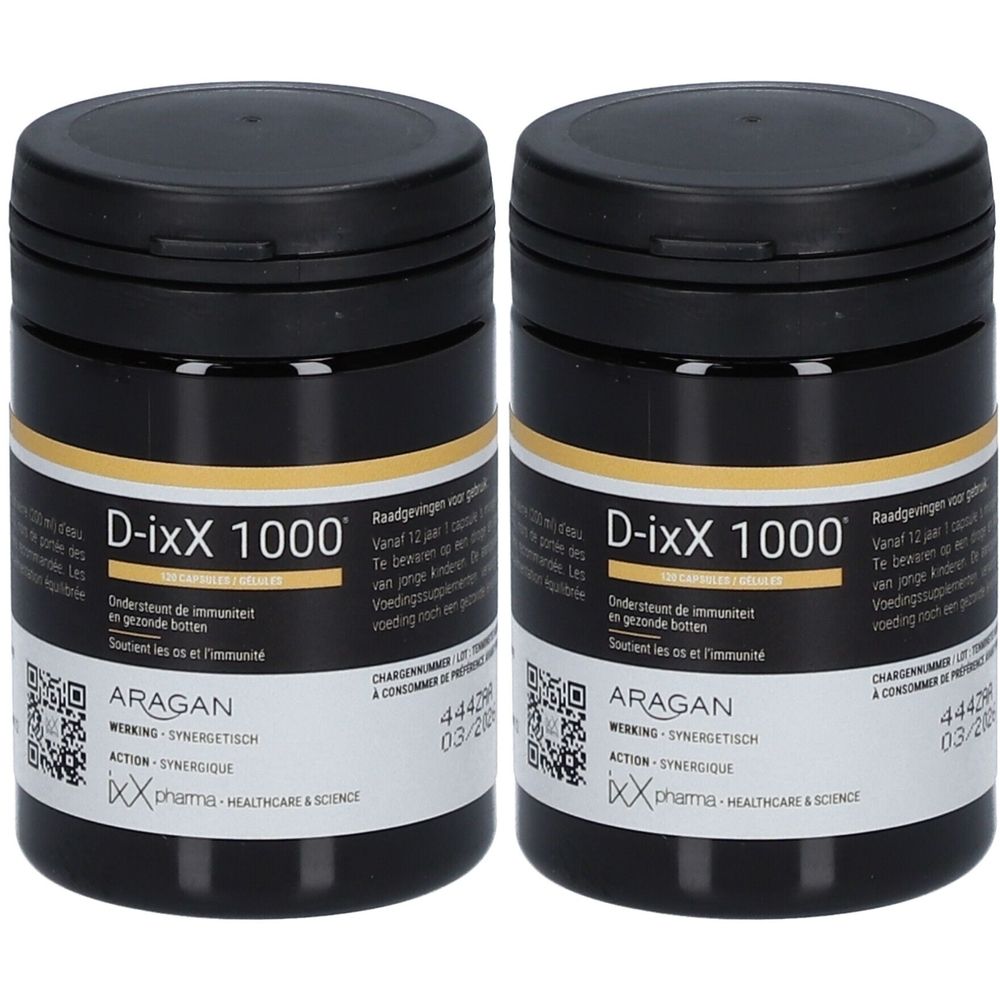Deux pots noirs D-ixX 1000 avec étiquette jaune et blanche. Inscription: D-ixX 1000, ARAGAN, IXx Pharma.