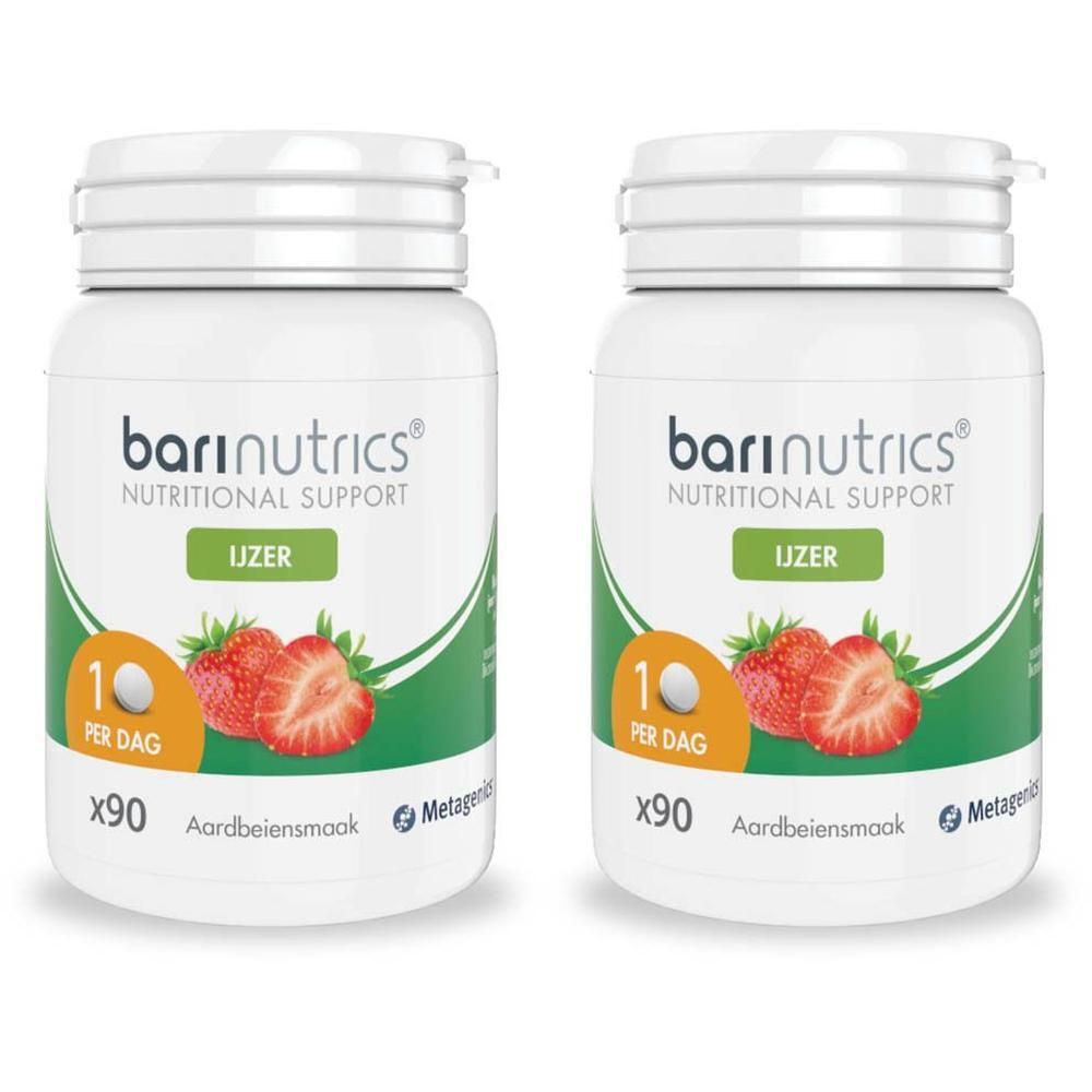 Zwei weiße Flaschen mit dem Aufdruck 'Barinutrics'. Abbildung von Erdbeeren. Text: 'IJzer'.