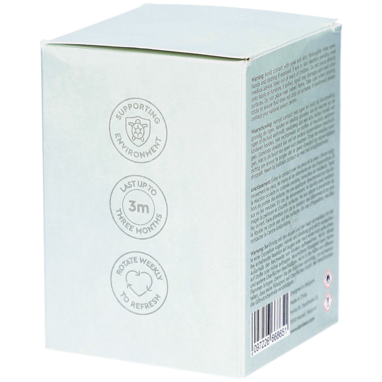 Boîte en carton blanche. Logos : respectueux de l'environnement, dure 3 mois, tourner chaque semaine. Texte : avertissements. Code-barres.