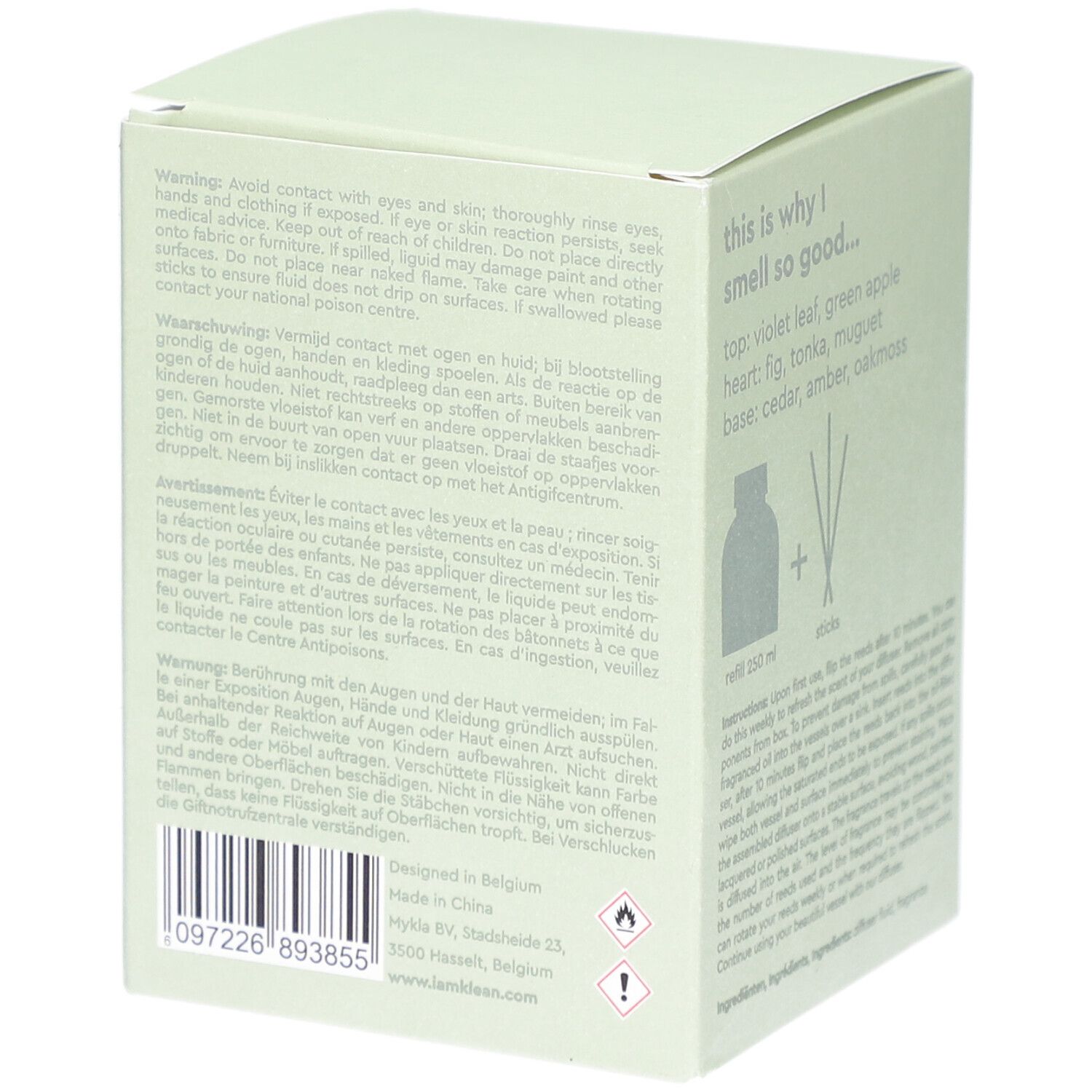 Hellgrüner Karton. Aufschrift: i.am.klean, reed diffuser fig & cedar. Text: Warnhinweise, Barcode, Herstelleradresse.