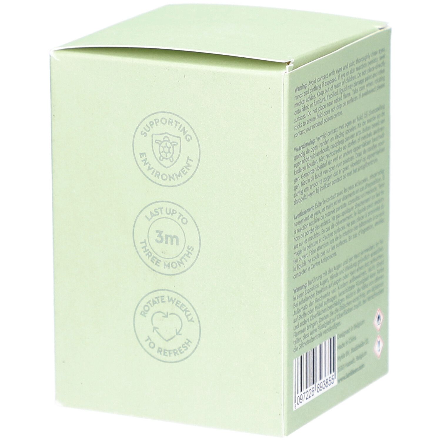 Hellgrüner Karton. Logos: Umwelt, 3 Monate, wöchentlich drehen. Text: Warnhinweise, Barcode, Herstelleradresse.