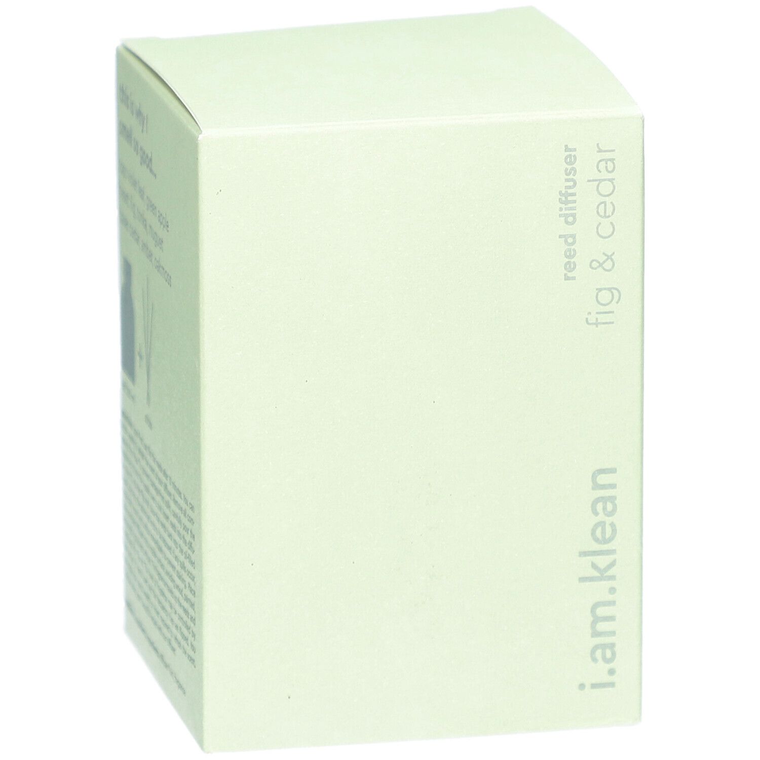 Hellgrüner Karton. Aufschrift: i.am.klean, reed diffuser fig & cedar. Eckige Form.
