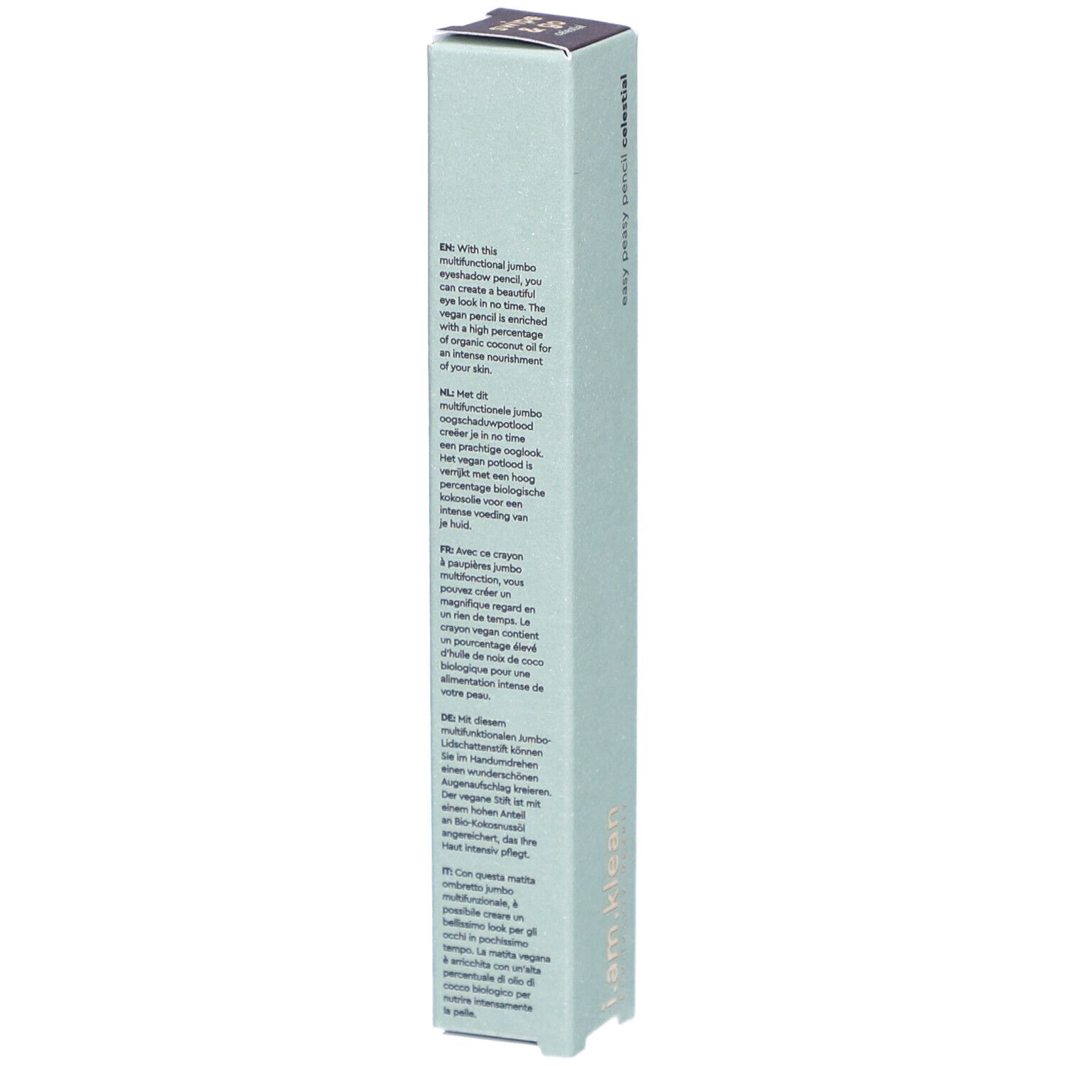 Verpackung des i.am.klean Eye Pencil Easy Peasy Celestial. Text in Englisch, Niederländisch, Französisch und Italienisch.