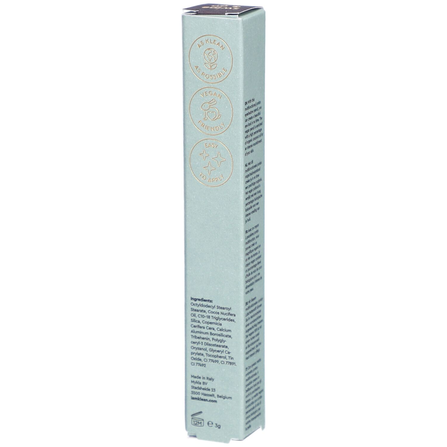 Rückseite der Verpackung des i.am.klean Eye Pencil. Vegan, Natrue und COSMOS NATURAL Zertifizierungen.