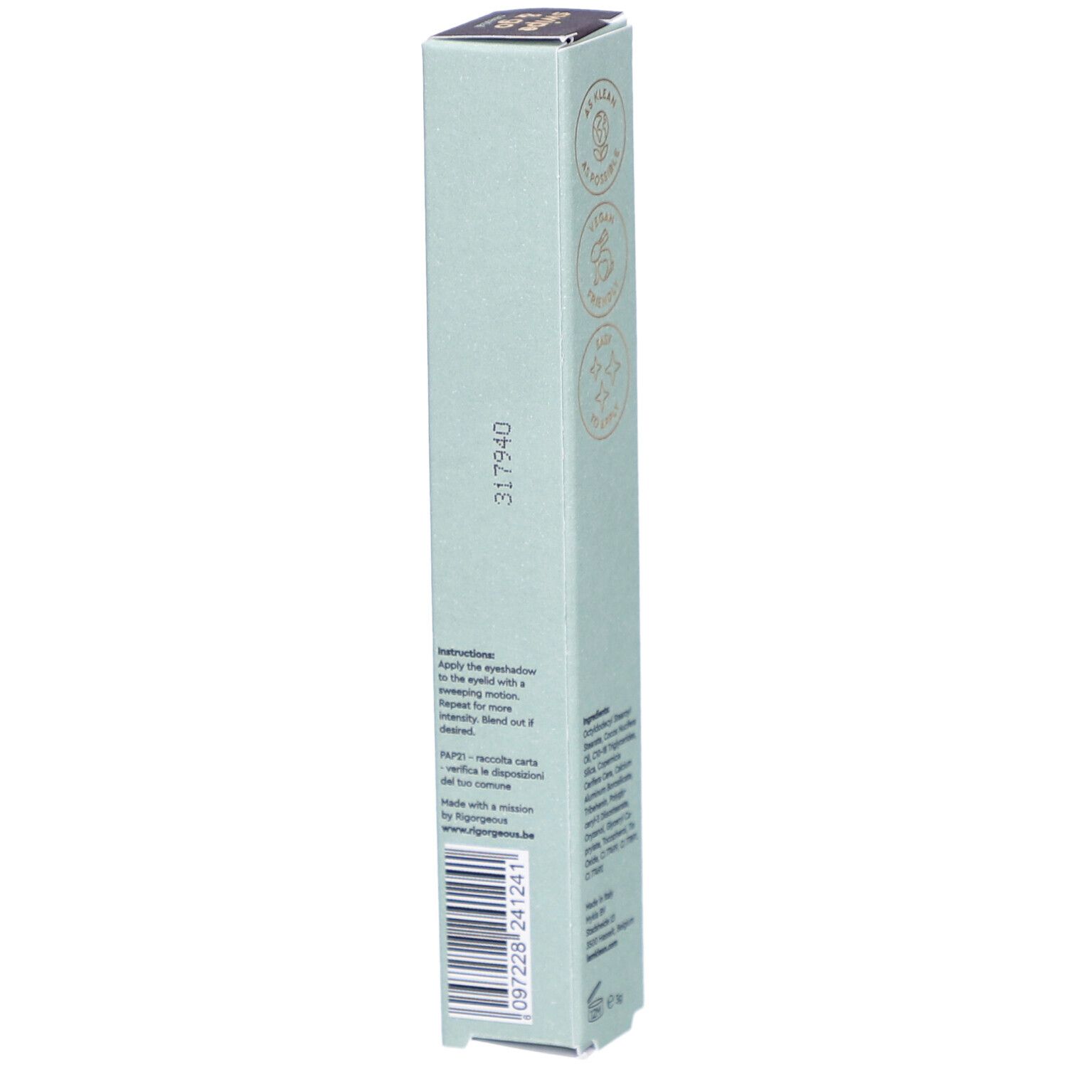 Rückseite der Verpackung des i.am.klean Eye Pencil. Inhaltsstoffe, Herkunft, Chargennummer und Barcode.