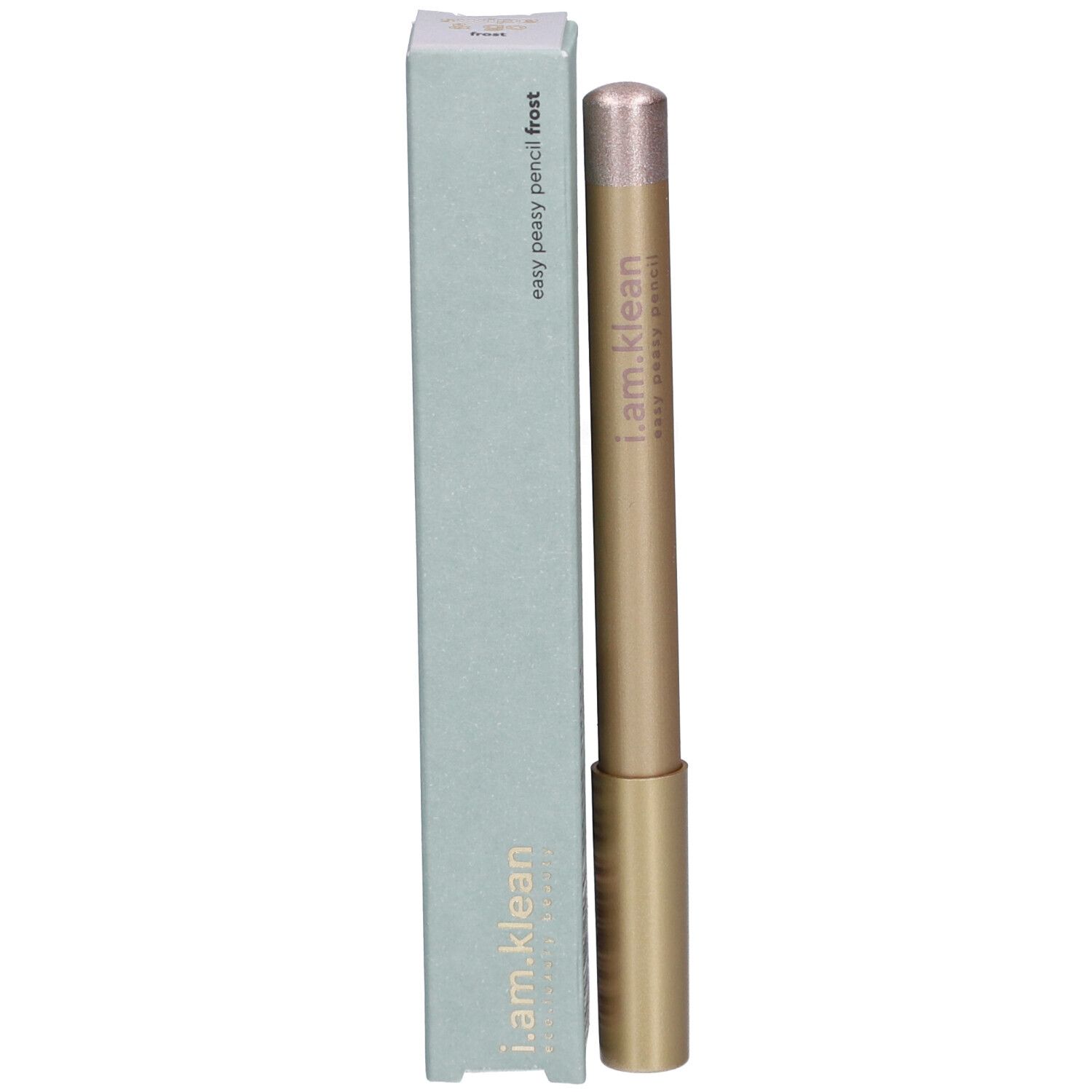 Goldfarbener i.am.klean Eye Pencil Easy Peasy Frost und Verpackung. Aufschrift: i.am.klean, easy peasy pencil frost.