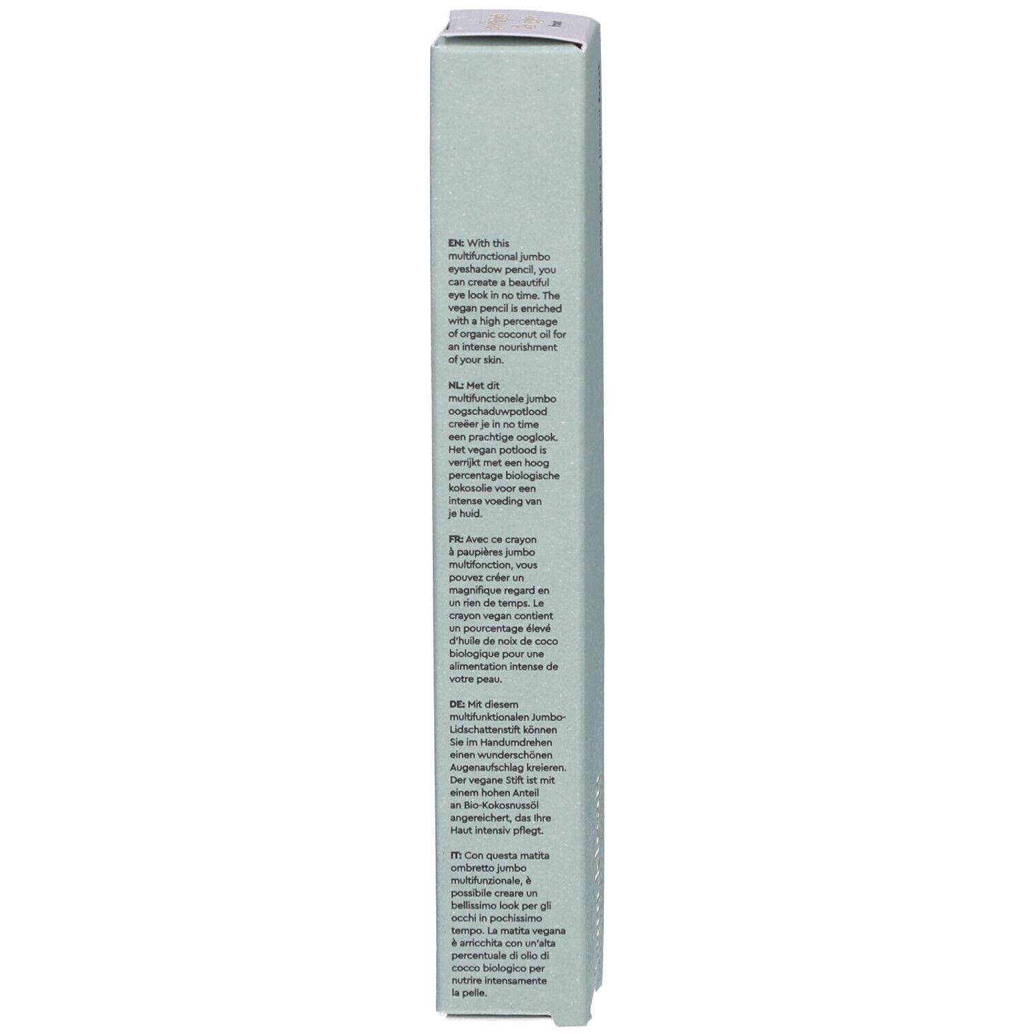 Verpackung des i.am.klean Eye Pencil Easy Peasy Frost. Text in mehreren Sprachen, darunter Deutsch, Englisch, Niederländisch und Französisch.