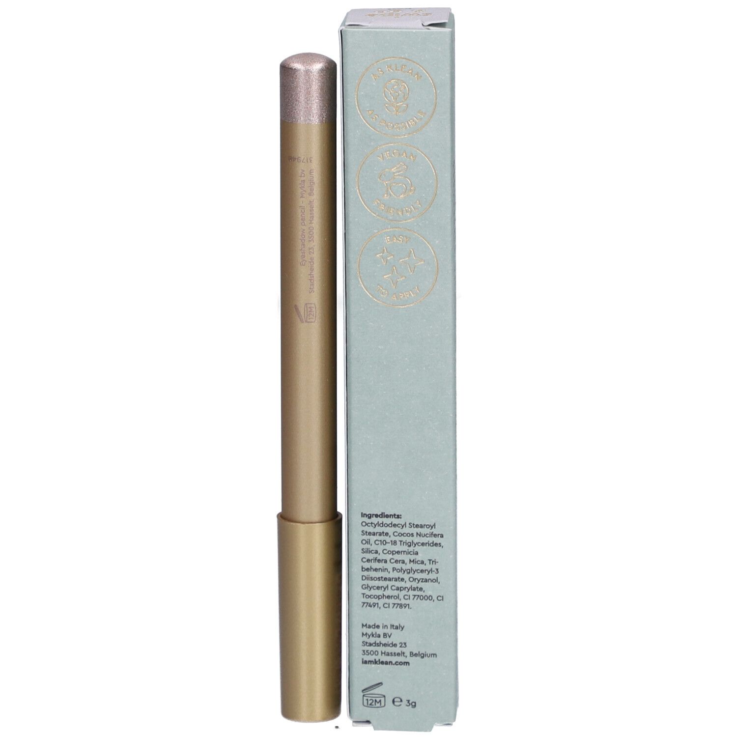 i.am.klean Eye Pencil Easy Peasy Frost und Verpackung. Aufschrift: i.am.klean, Inhaltsstoffe, hergestellt in Italien.