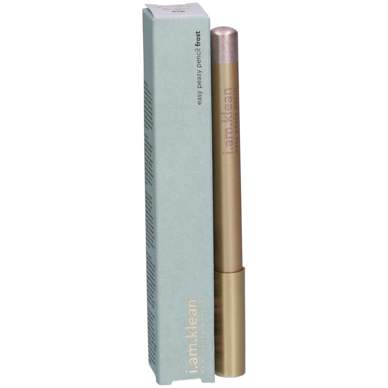 Goldfarbener i.am.klean Eye Pencil Easy Peasy Frost und Verpackung. Aufschrift: i.am.klean, easy peasy pencil frost.