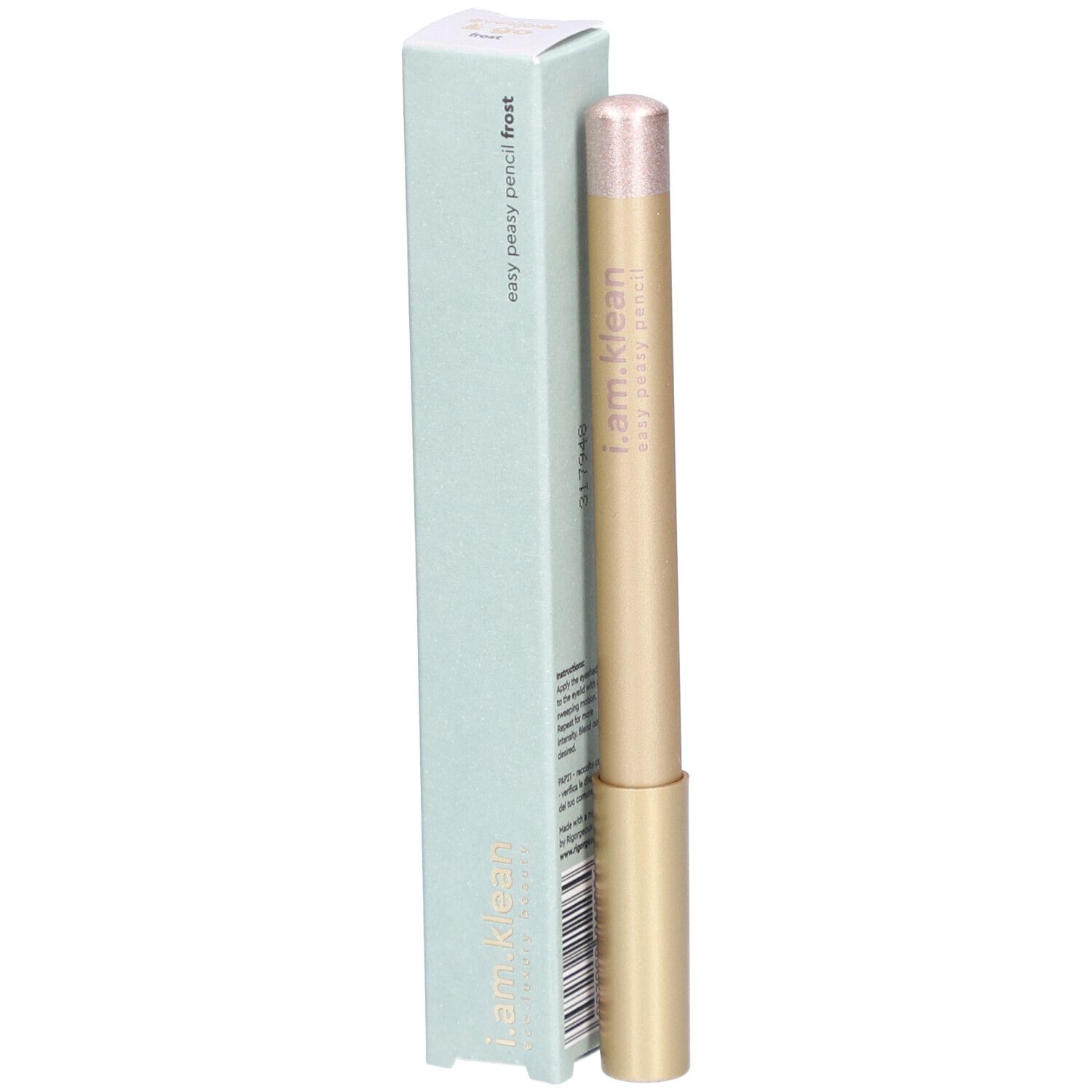 Goldfarbener i.am.klean Eye Pencil Easy Peasy Frost und Verpackung. Aufschrift: i.am.klean, easy peasy pencil frost.