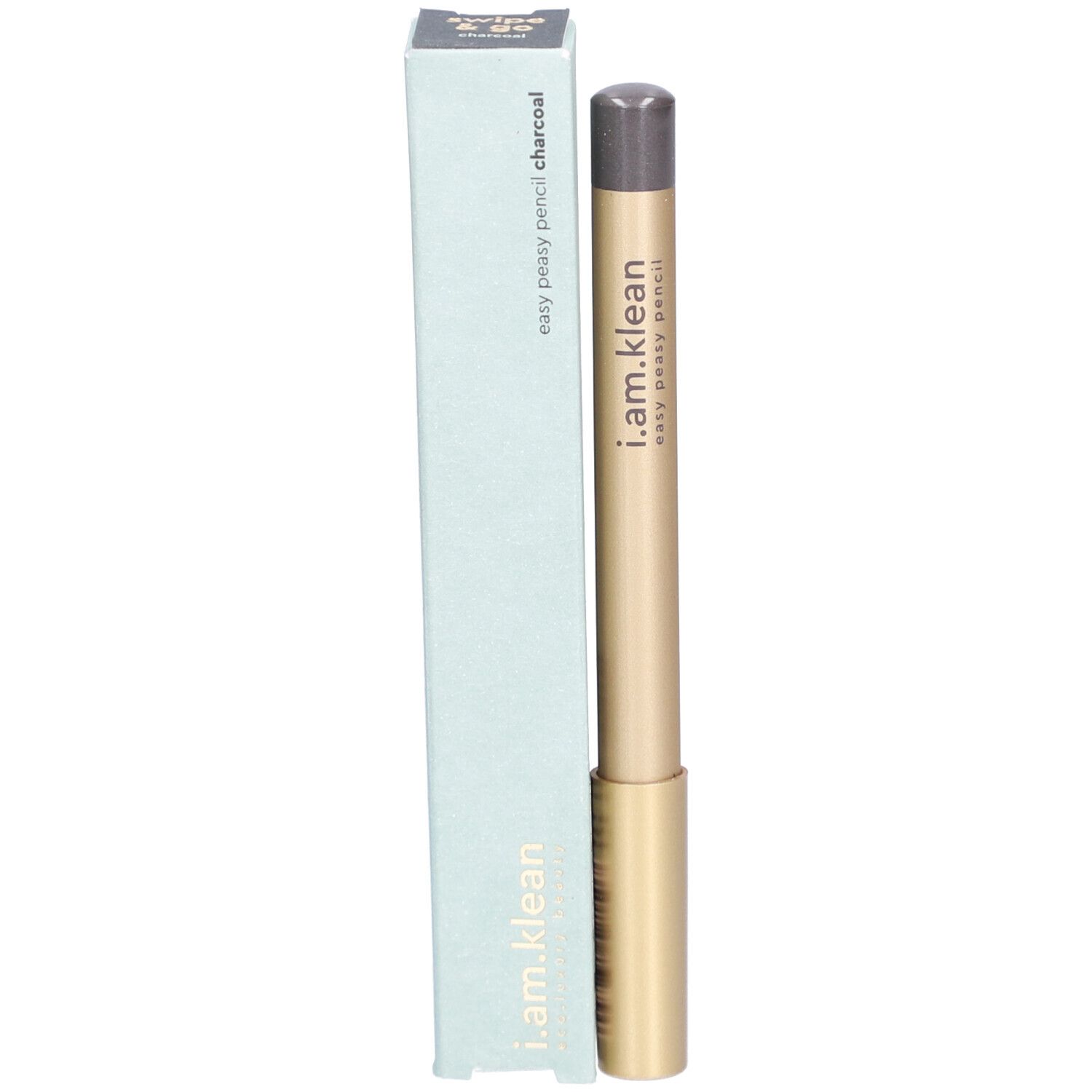 i.am.klean Eye Pencil Easy Peasy Anthrazit. Goldfarbener Stift mit grauer Spitze und hellblauer Verpackung. Produktname und Marke sichtbar.