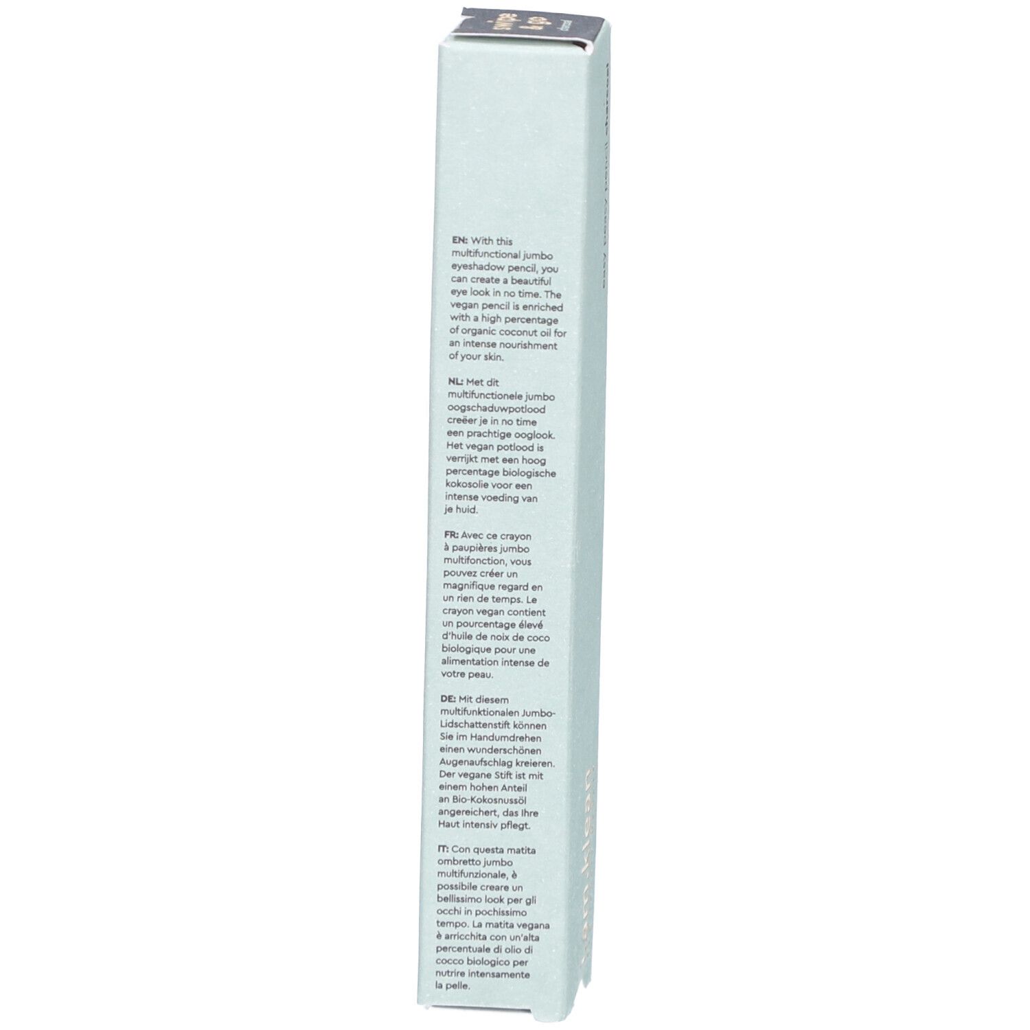 Hellblaue Verpackung für i.am.klean Eye Pencil. Text in mehreren Sprachen. Produktname und Marke nicht sichtbar.