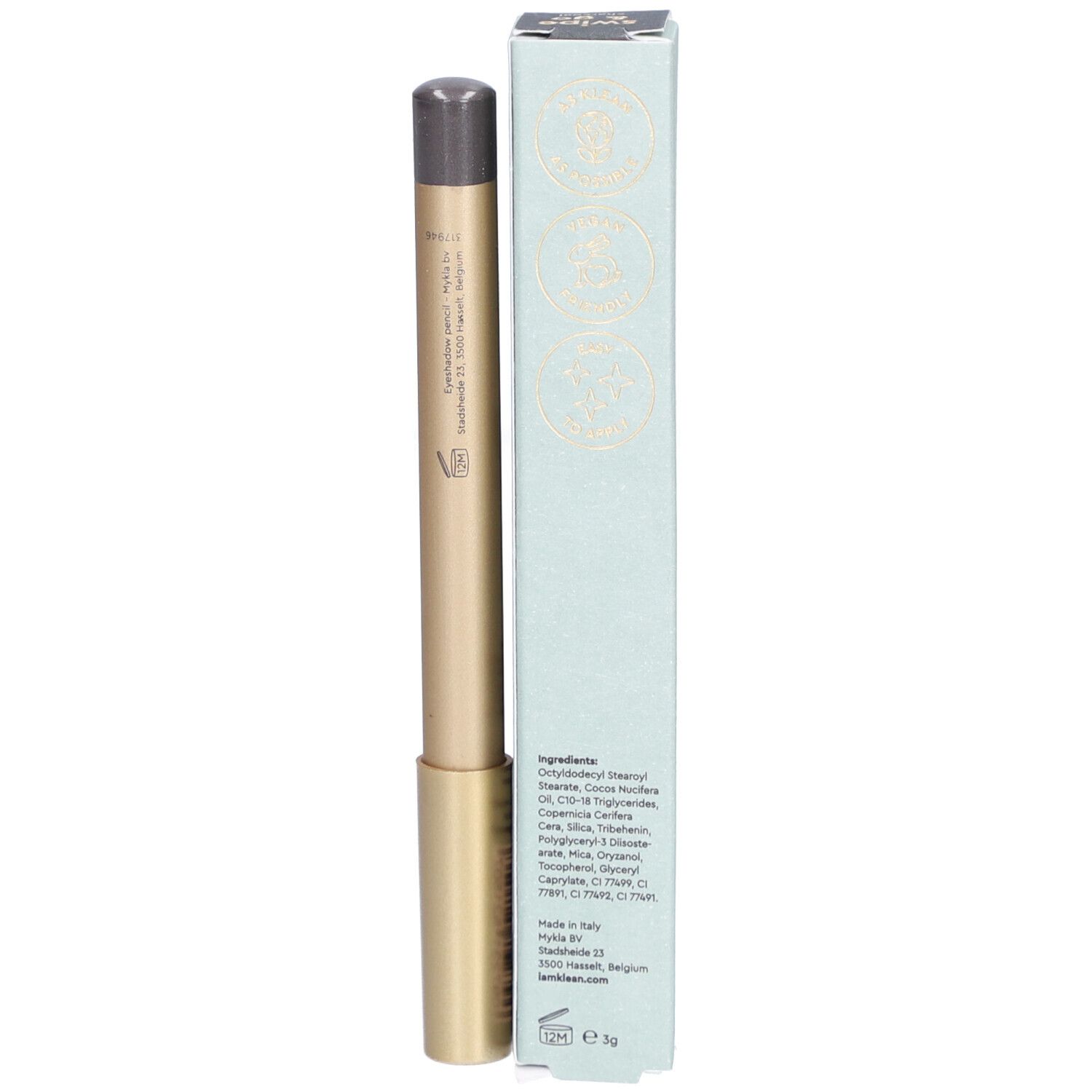i.am.klean Eye Pencil Easy Peasy Anthrazit und Verpackung. Goldfarbener Stift mit grauer Spitze. Produktname und Marke sichtbar.