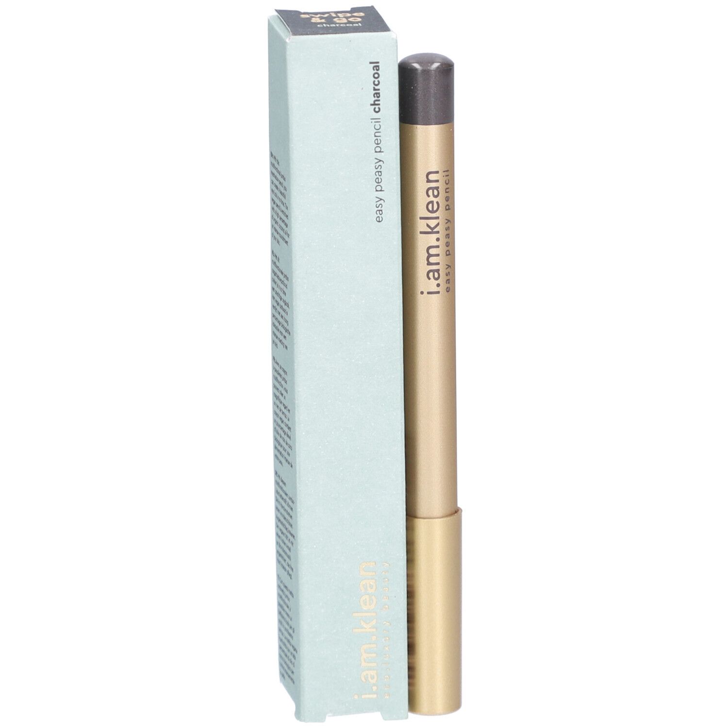i.am.klean Eye Pencil Easy Peasy Anthrazit. Goldfarbener Stift mit grauer Spitze und hellblauer Verpackung. Produktname und Marke sichtbar.