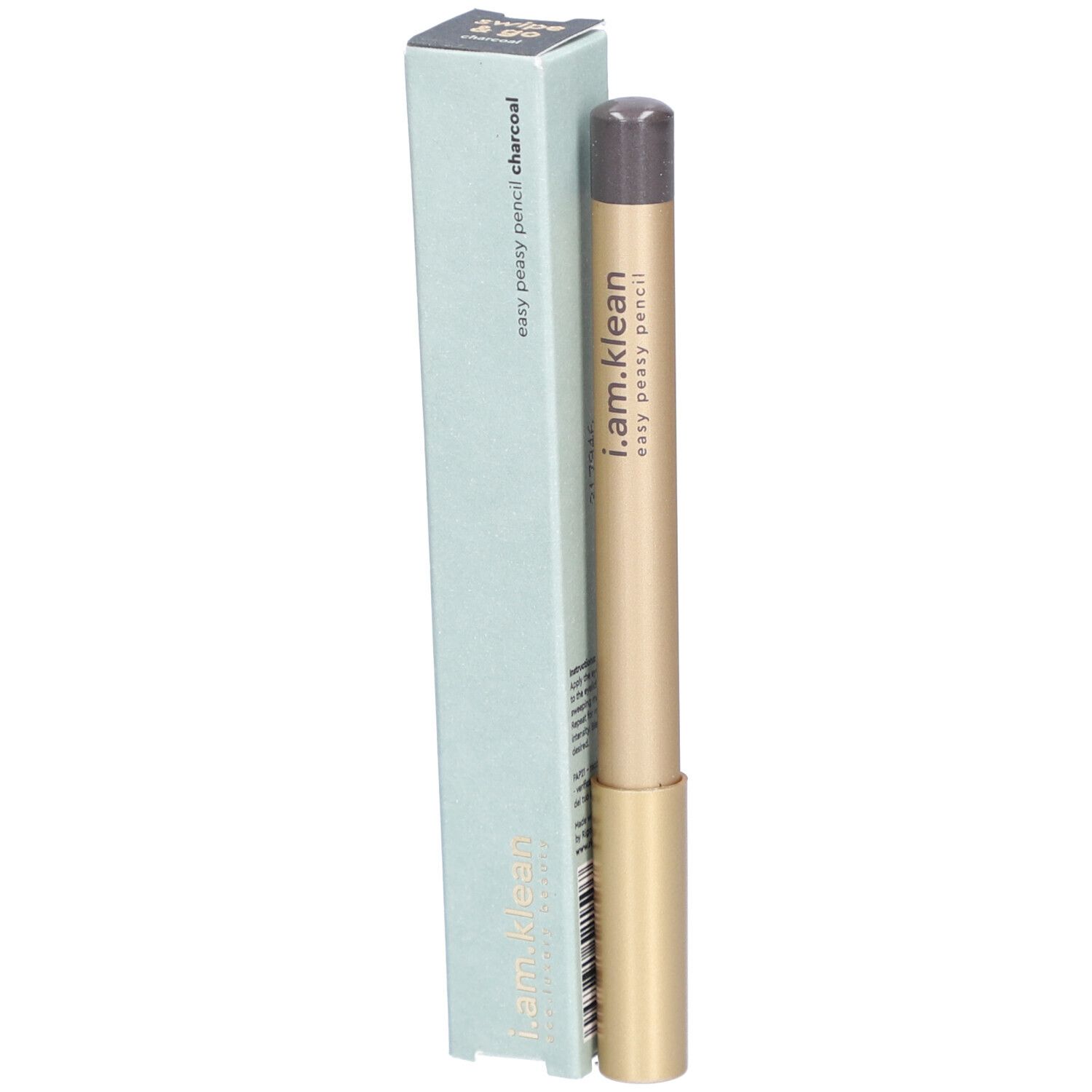 i.am.klean Eye Pencil Easy Peasy Anthrazit. Goldfarbener Stift mit grauer Spitze und hellblauer Verpackung. Produktname und Marke sichtbar.