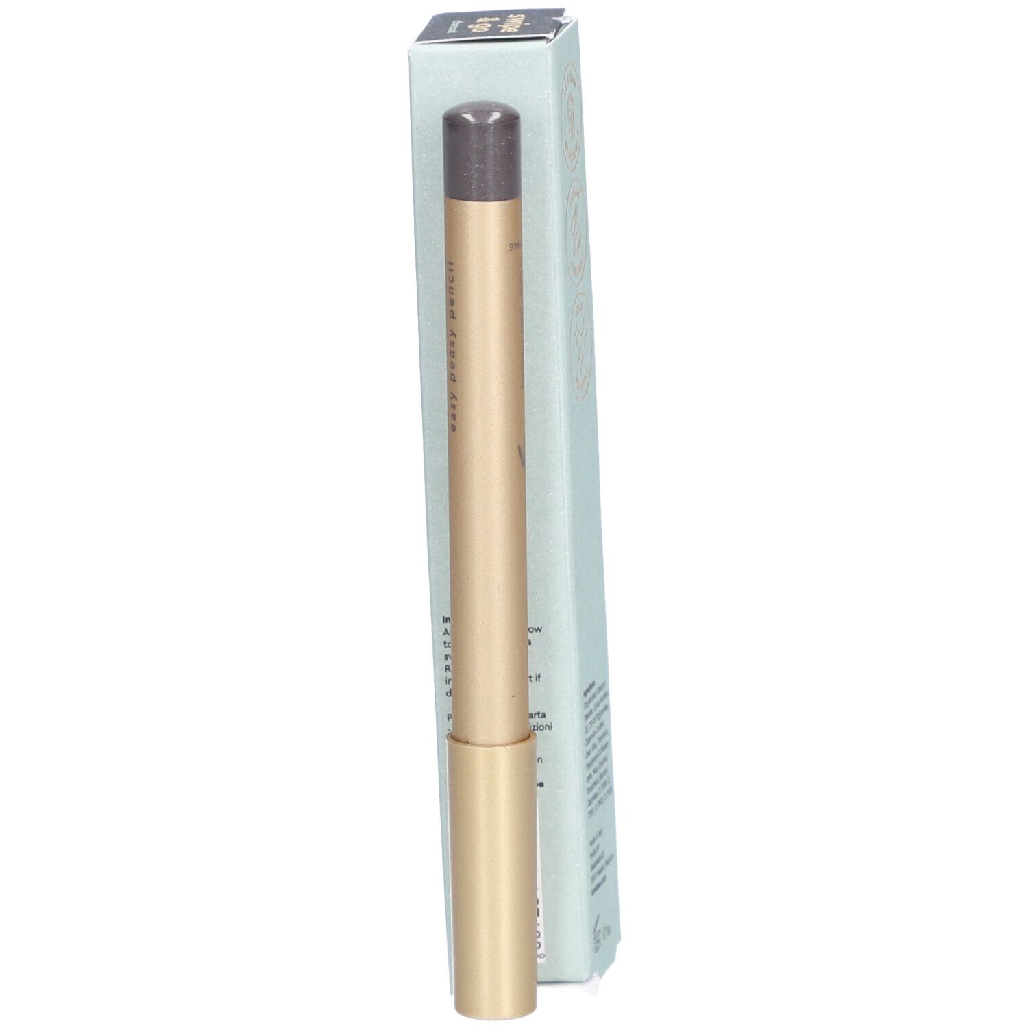 i.am.klean Eye Pencil Easy Peasy Anthrazit. Goldfarbener Stift mit grauer Spitze und hellblauer Verpackung. Produktname und Marke sichtbar.